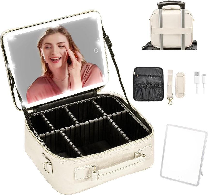 Travel Makeup Bag with Led Mirror and Portable Makeup Train Case Led Bags with Mirror Organizer Bag Travel Gifts for Her Women Bestie White