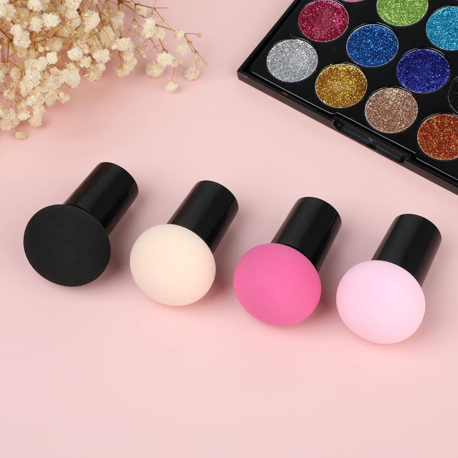 4-Piece Makeup Sponge and Brush Set for Foundation and Concealer Application with Mini Handle and Flat End Holder for Loose Powder Coverage