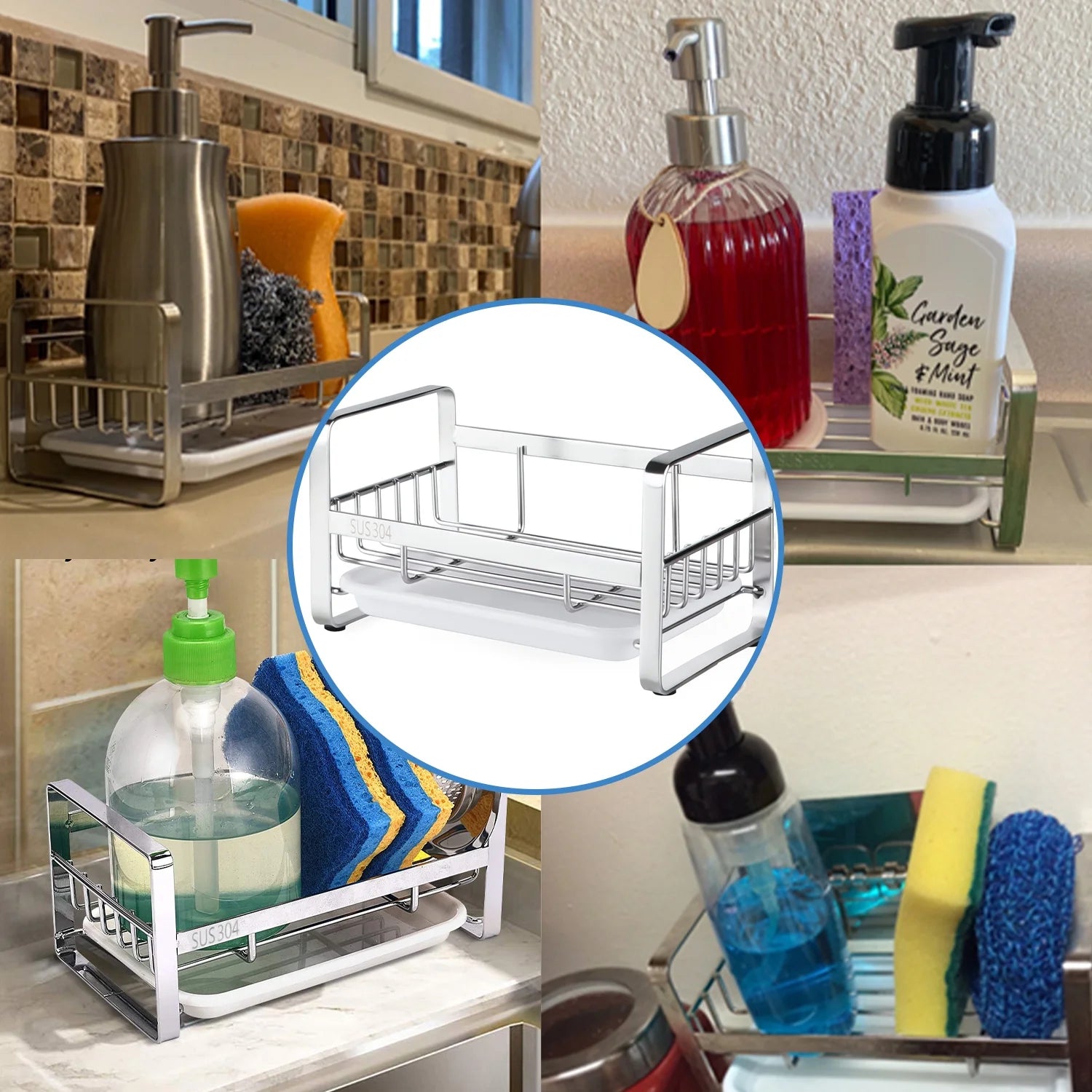 304 Stainless Steel Sink Caddy Sponge Holder - Sink Caddy Organizer, Sponge Holder for Sink, Sink Tray Drainer Rack, Soap Dish Dispenser Brush Holder Storage Kitchen Accessories