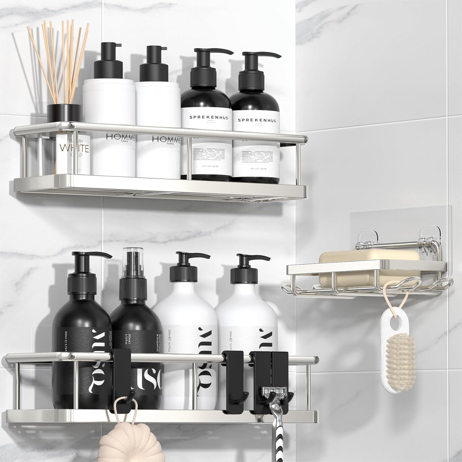 Shower Caddy Adhesive, Rustproof Shower Shelves for inside Shower, Large Capacity Bathroom Organizers and Storage, Shower Storage with Removable Hooks, No Drill Bathroom Accessories Black
