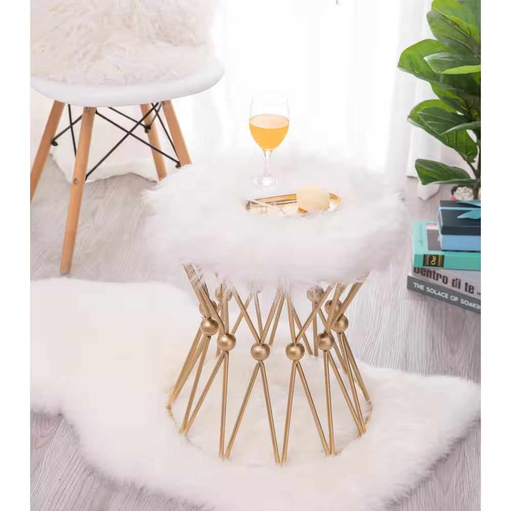 Round Gold Metal Accent Vanity Stool with White Fur Top Seat, Decorative Side Table