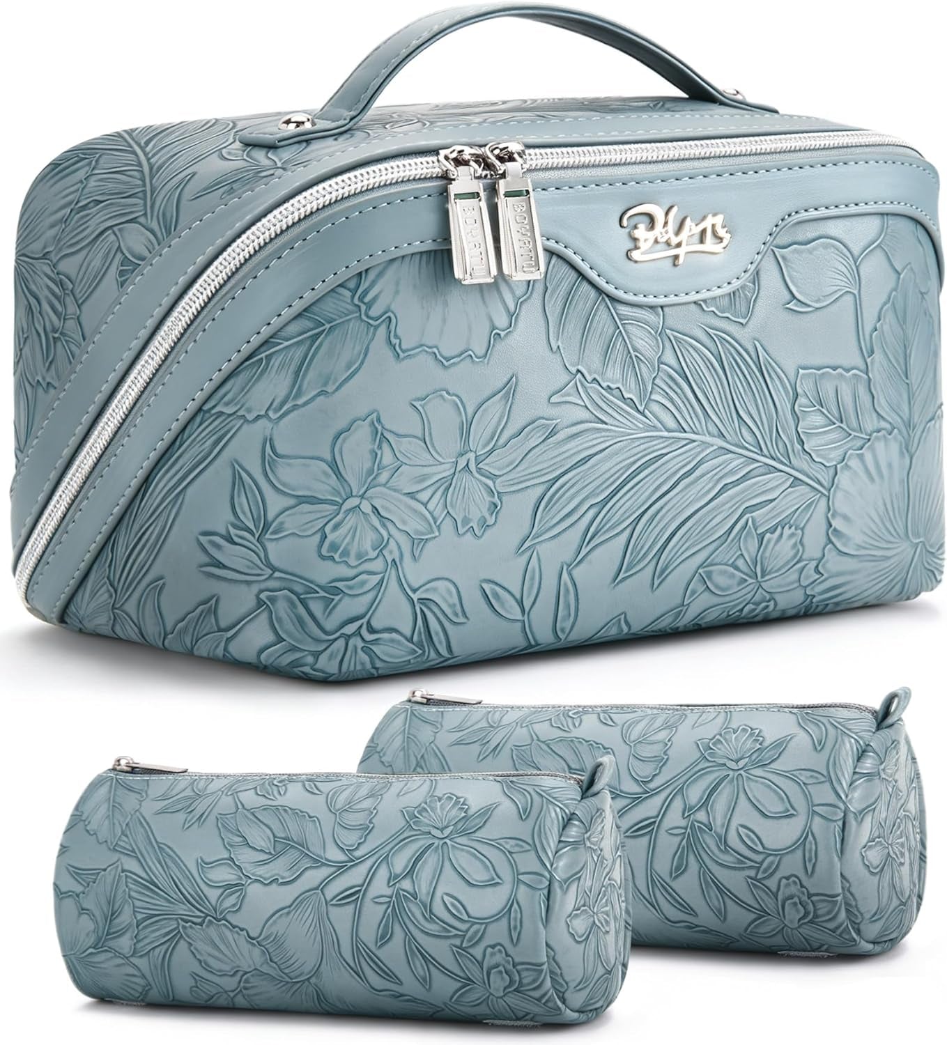 Travel Makeup Bags Cosmetic Organizer Bag: 3-Set Large Capacity Make up Bag - PU Leather Toiletry Bags for Women - Wide Open Portable Pouch with Divider & Handle (01-Light Blue)