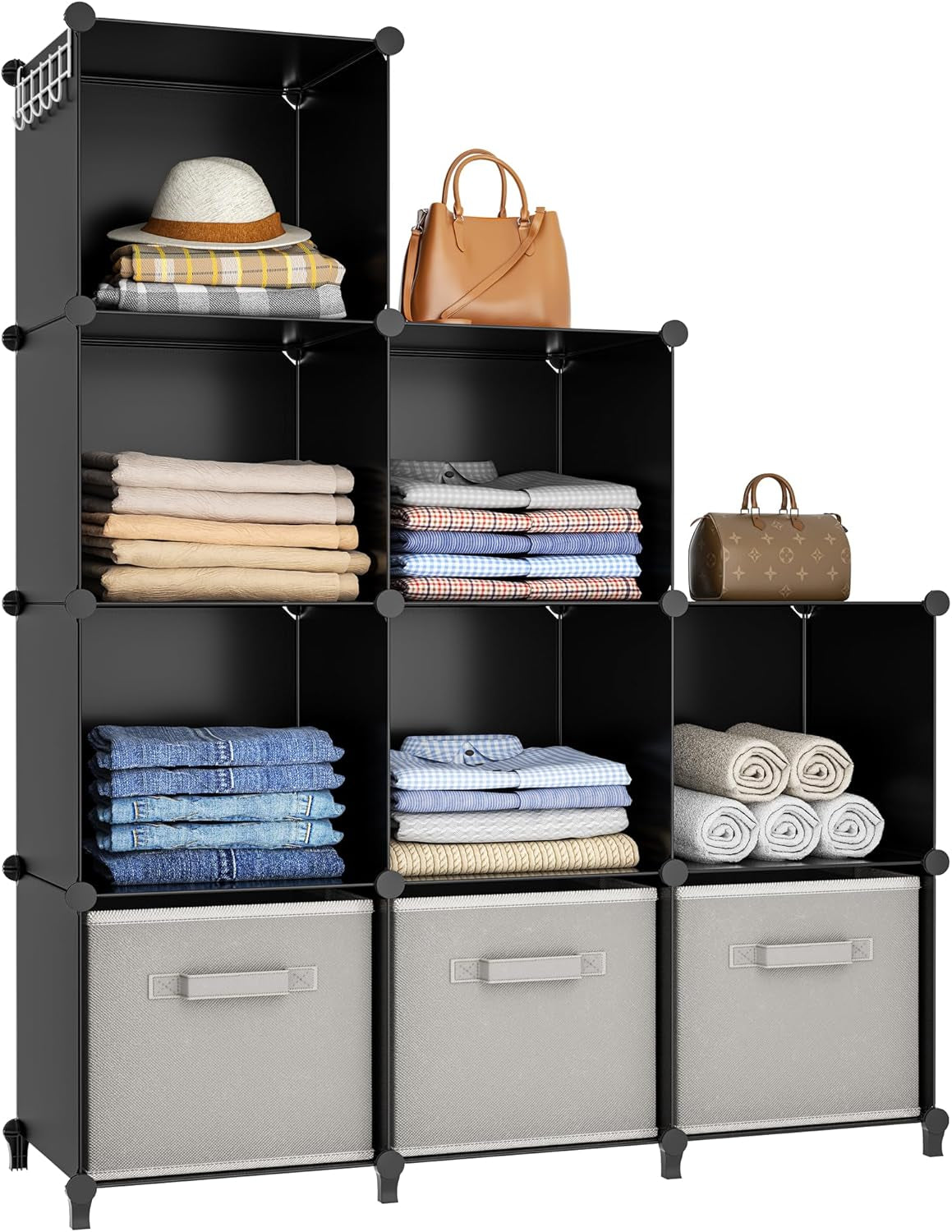 Closet Organizers and Storage, 9 Cube Storage Organizer, Portable Closet Organizer Cubes Shelves for Clothes, Bedroom, Kids Room, Bathroom, Wardrobe, Garment Racks, Black