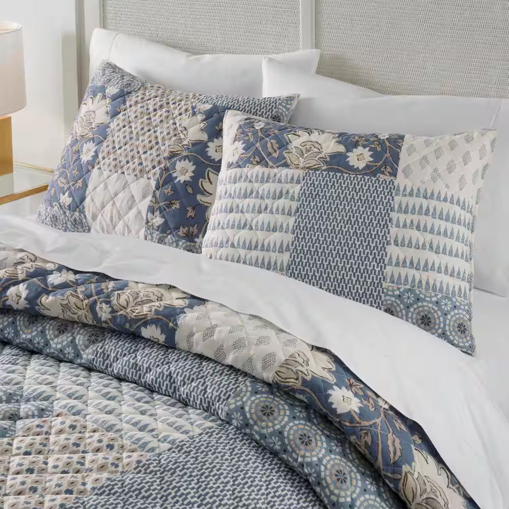 Ansley Washed Denim Patchwork King Cotton Quilt Set