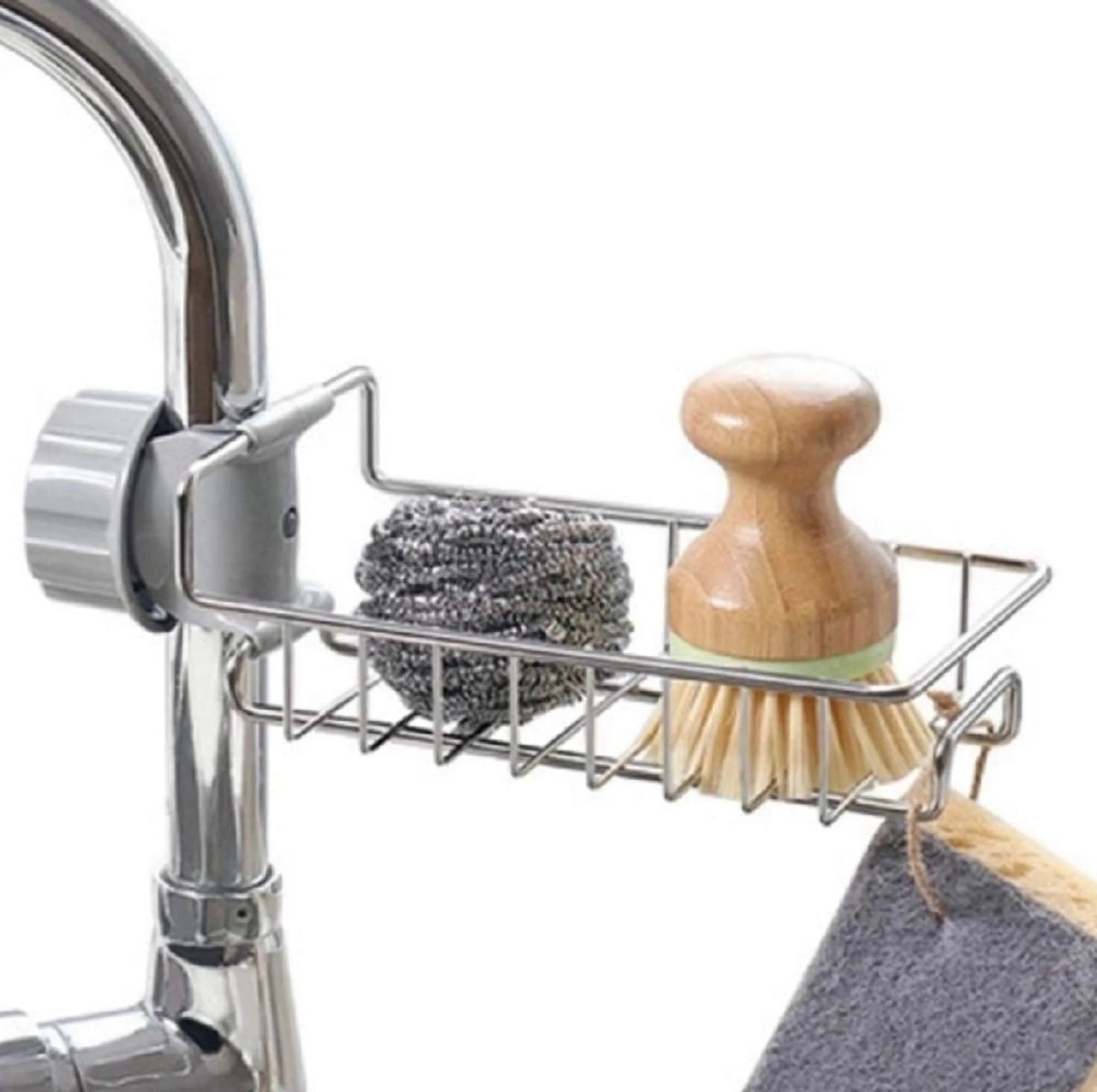 1-Pack Stainless Steel Sink Organizer Caddy – Rustproof Sponge Holder with Detachable Dishcloth Rack, Brush & Soap Dispenser Tray for Kitchen & Bathroom