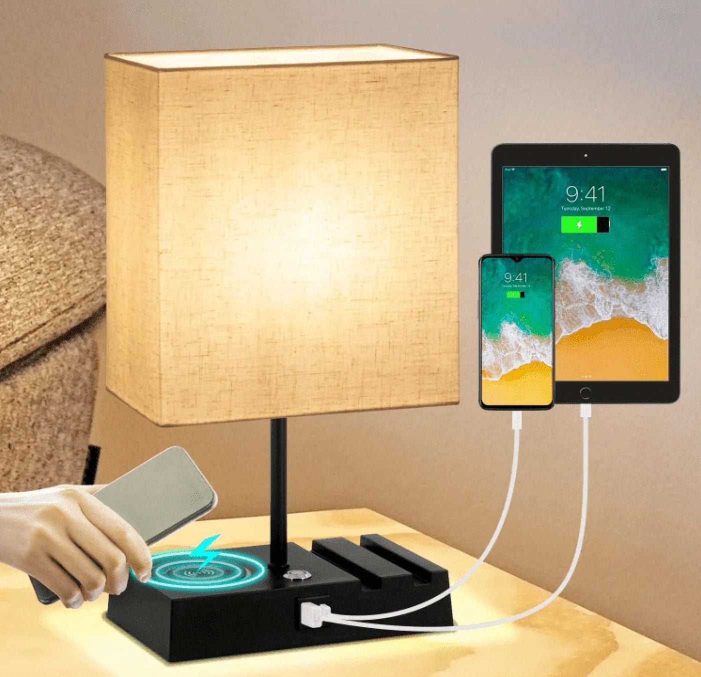 15.9" Iron Bedside Table Lamp with Off-White Shade