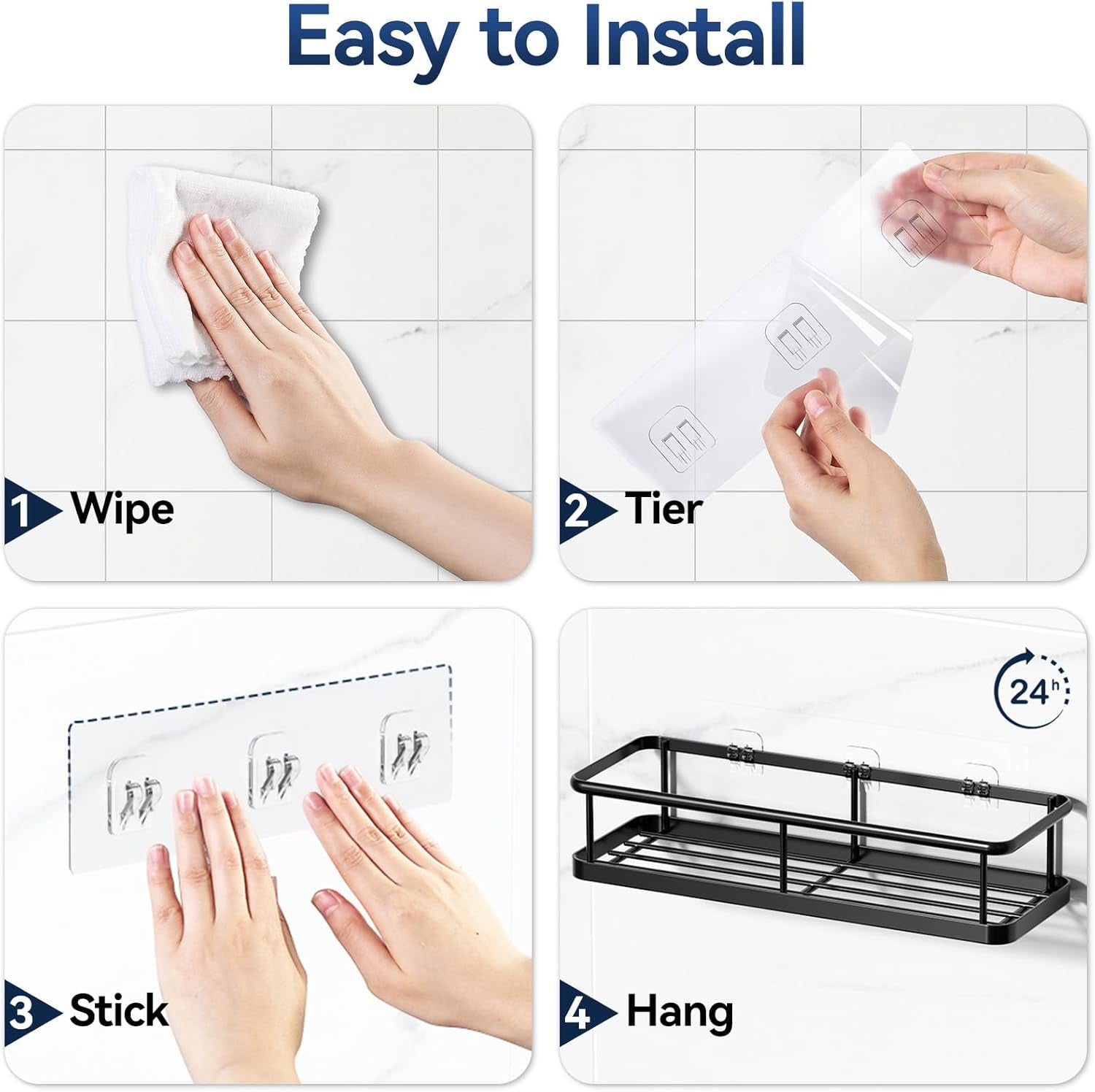 Shower Caddy Adhesive, Rustproof Shower Shelves for inside Shower, Large Capacity Bathroom Organizers and Storage, Shower Storage with Removable Hooks, No Drill Bathroom Accessories Black