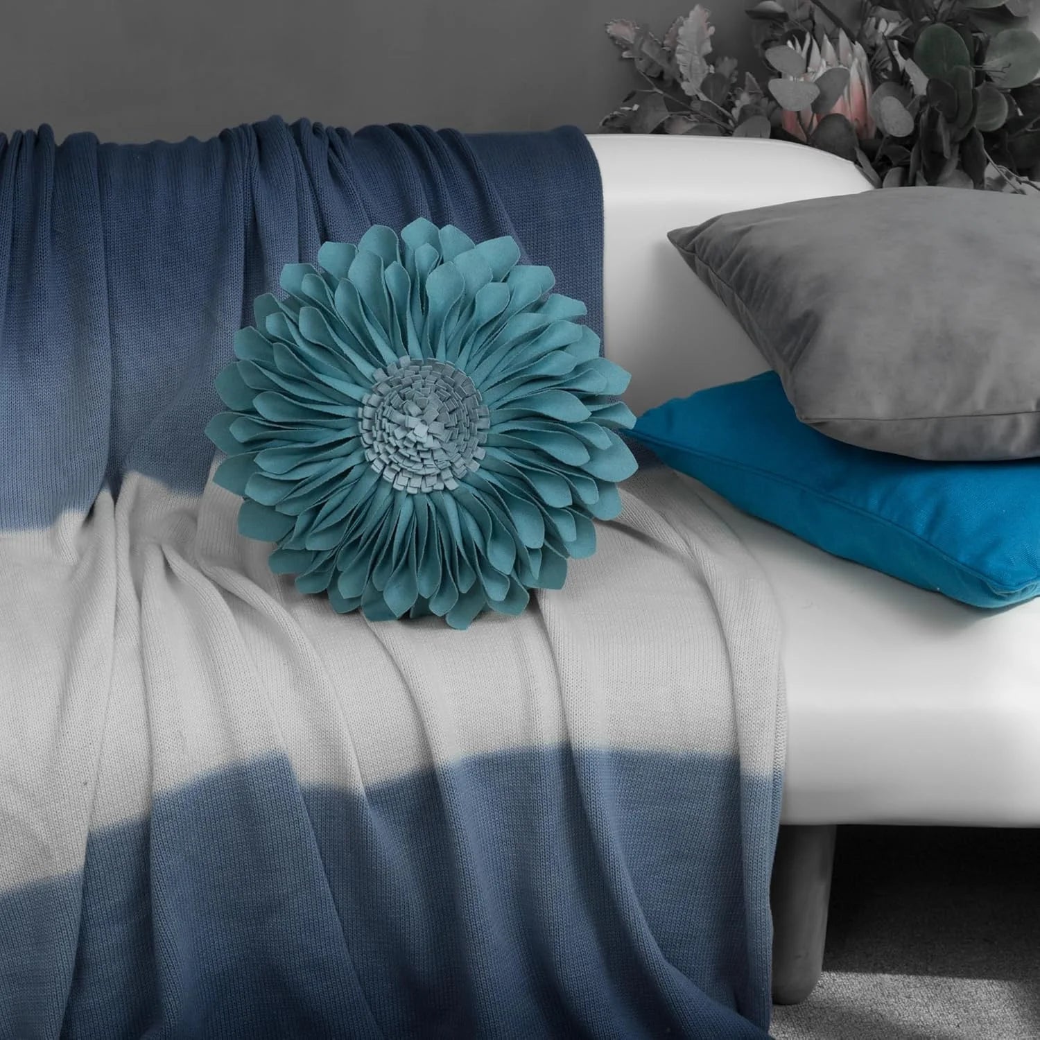 Decorative 3D Bohemian round Sunflower Accent Throw Pillows for Living Sofa Room Couch 12 Inch Blue