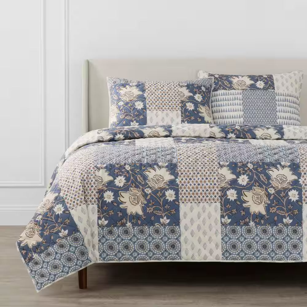 Ansley Washed Denim Patchwork King Cotton Quilt Set