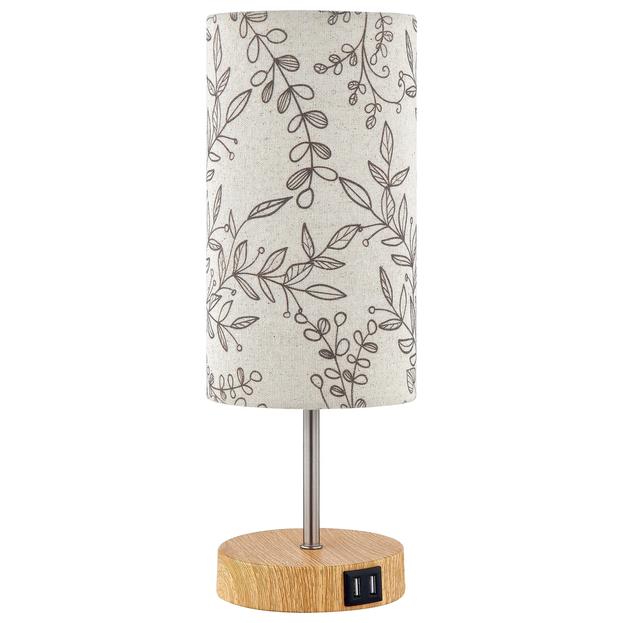 3 Way Dimmable Single Table Lamp with USB Ports Leaf Print Shade 15" Touch Control Small Bedside Nightstand Lamp for Bedroom Living Room (1 Bulb)