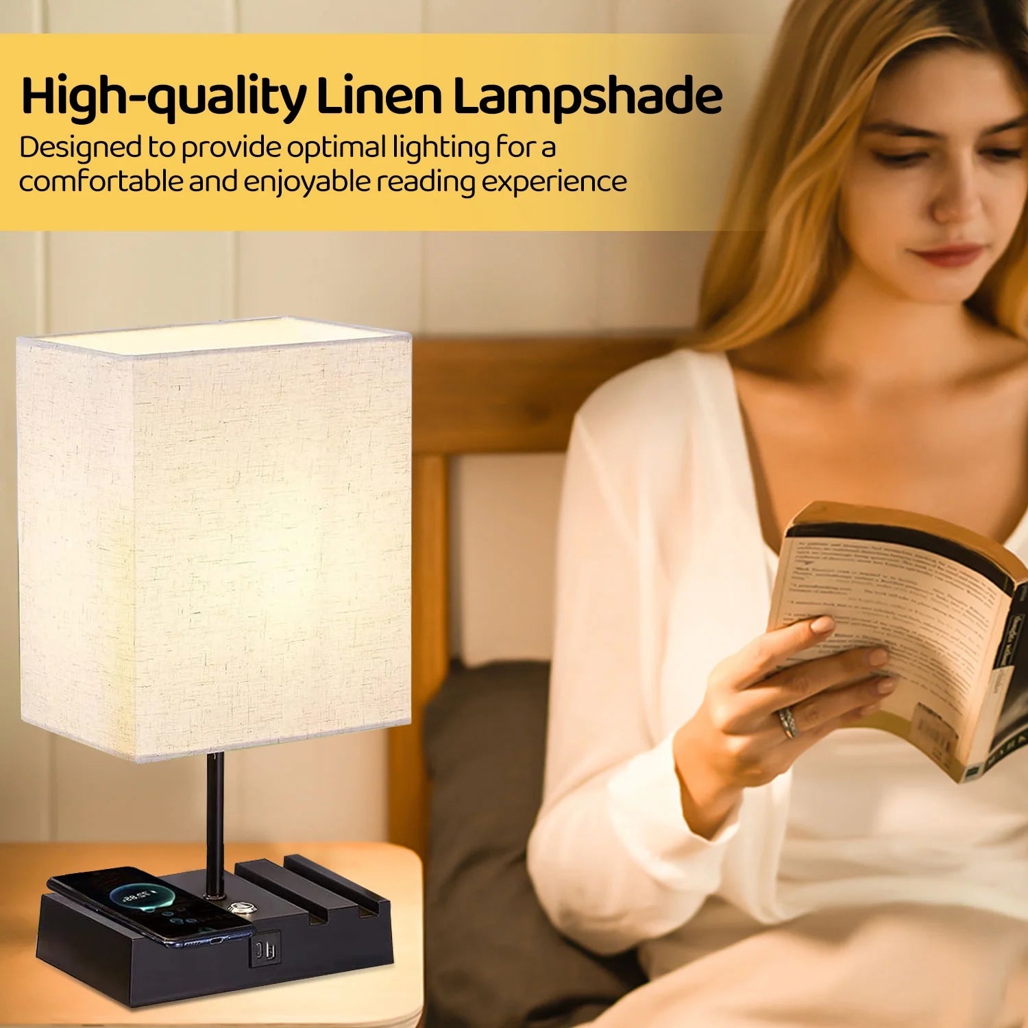 15.9" Iron Bedside Table Lamp with Off-White Shade