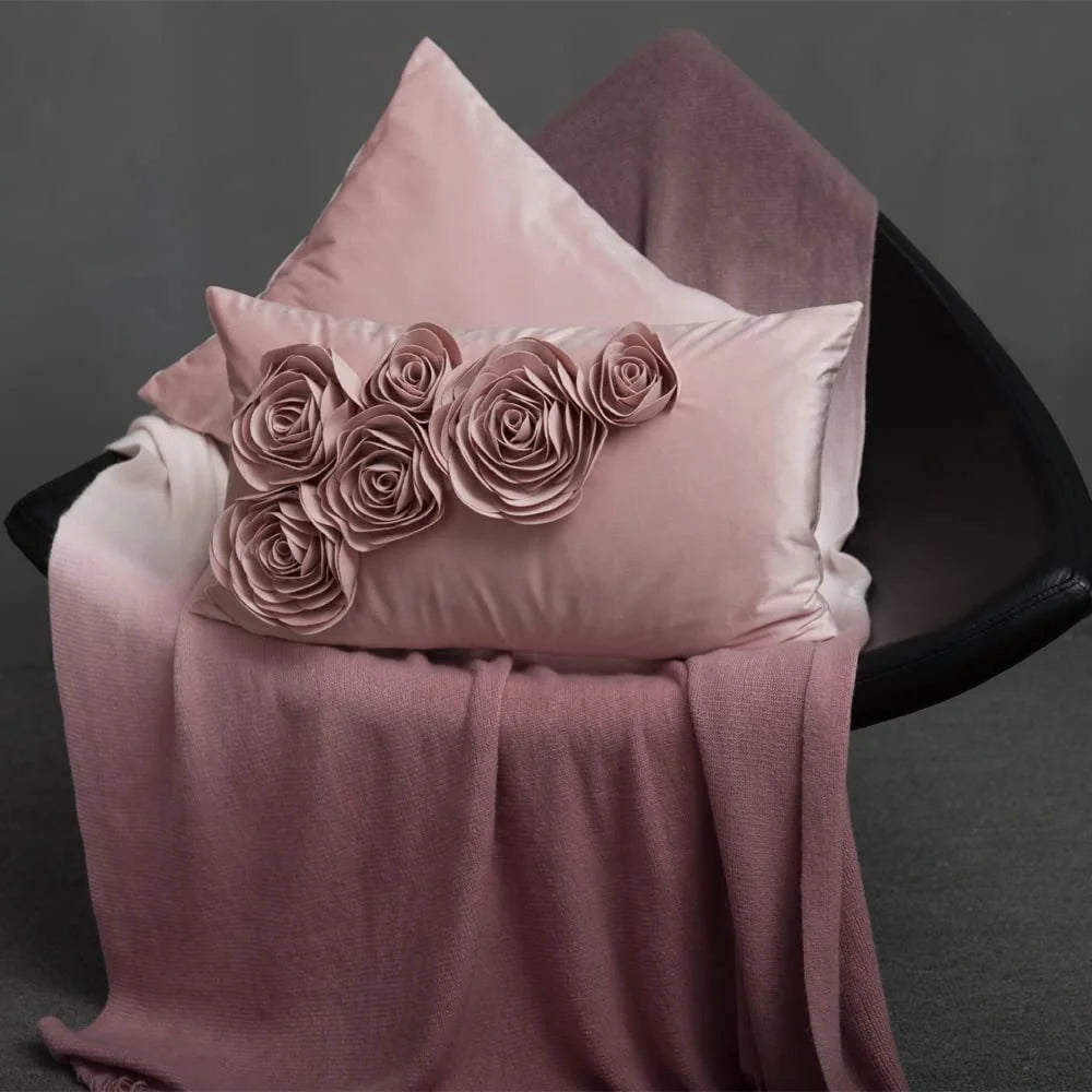 3D Handmade Rectangle Velvet Rose Flower Throw Pillow Cover for Modern Decoration and Gift 12 X 20 Inch Rose Gold