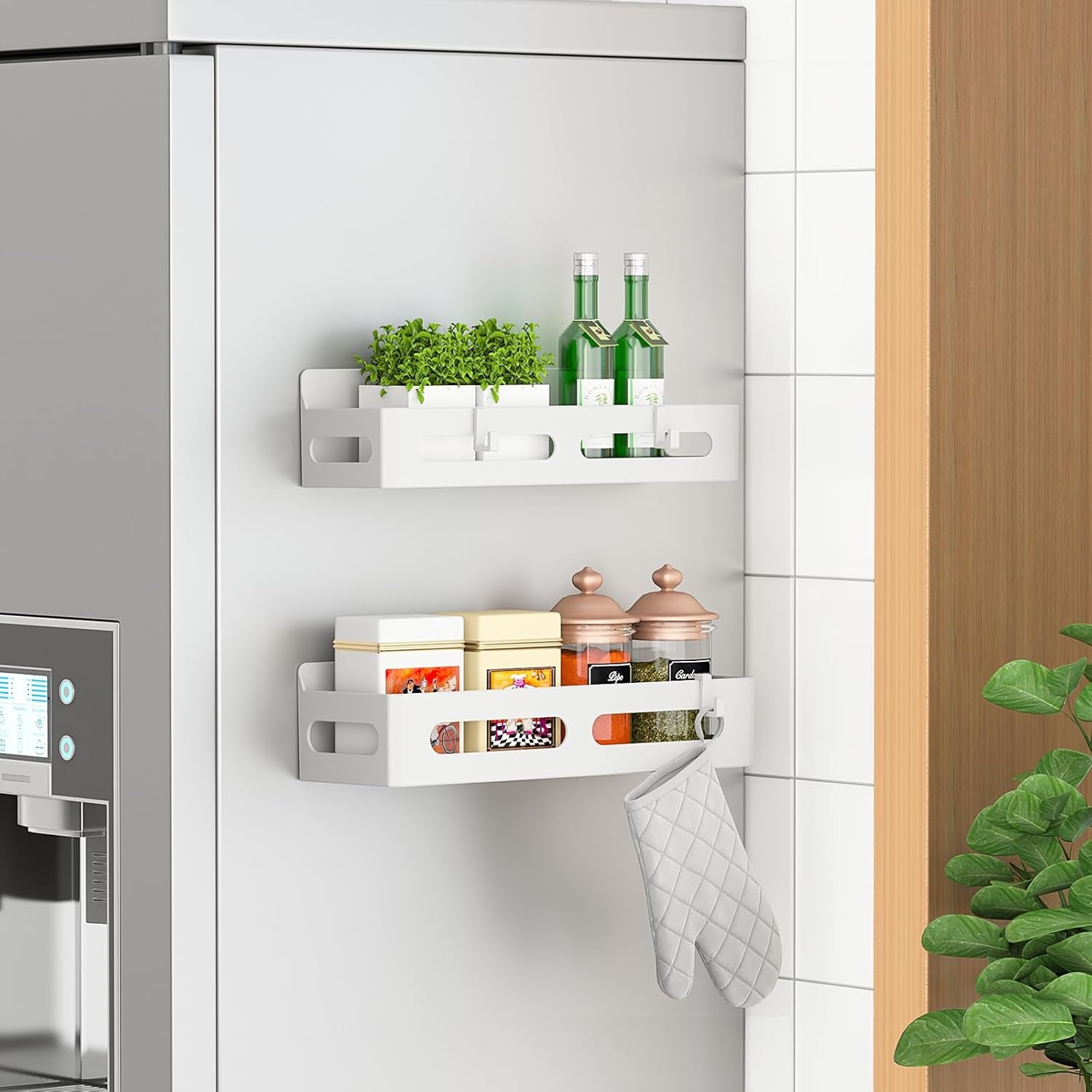 4 Pack Strong Magnetic Spice Rack for Refrigerator, Multipurpose Magnetic Shelf for Fridge with 4 Hooks for Kitchen and Bathroom Organization, Black