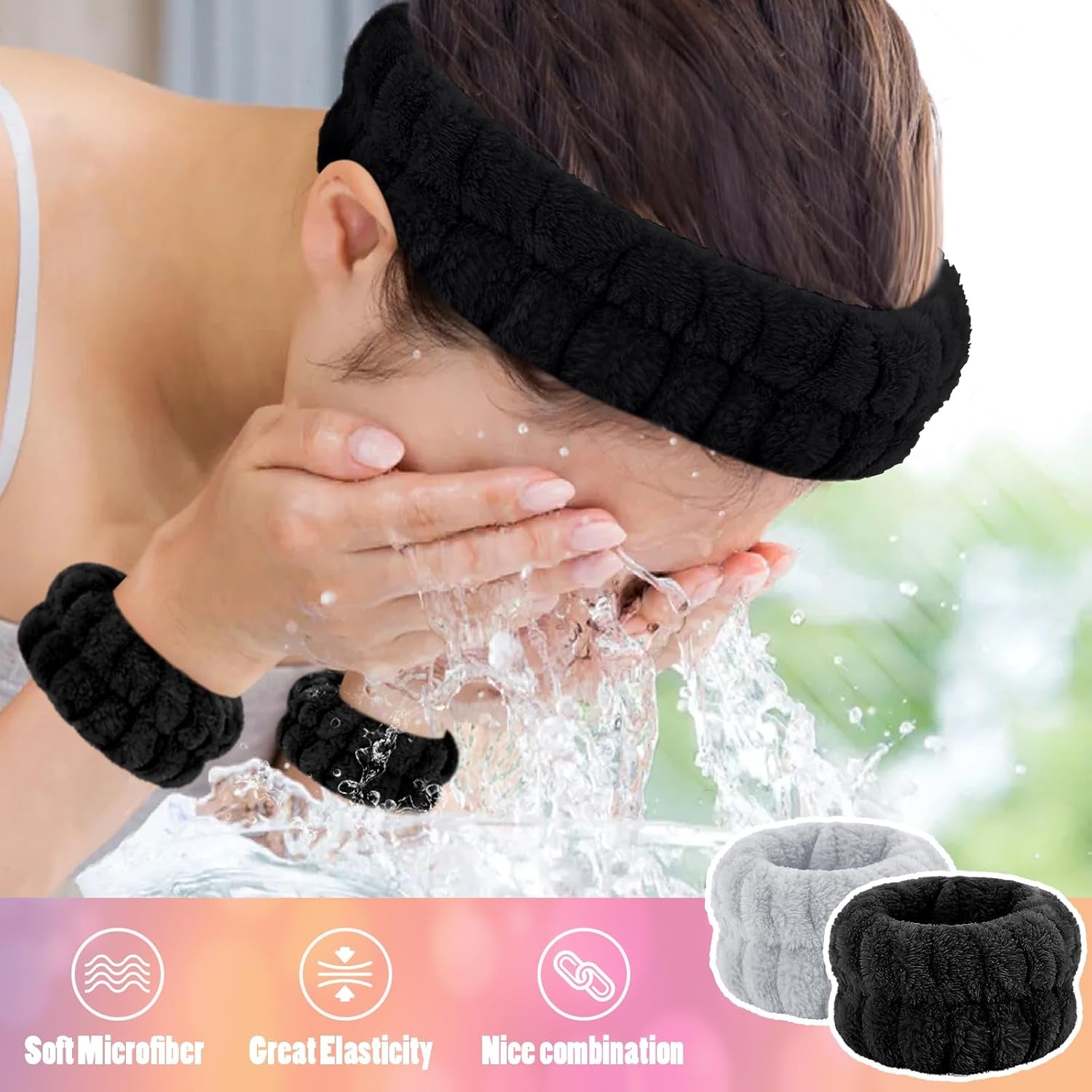 Face Wash Headband and Wristband Set - Microfiber Wrist Towels with Holder for Face Washing and Spa, Absorbent Scrunchies