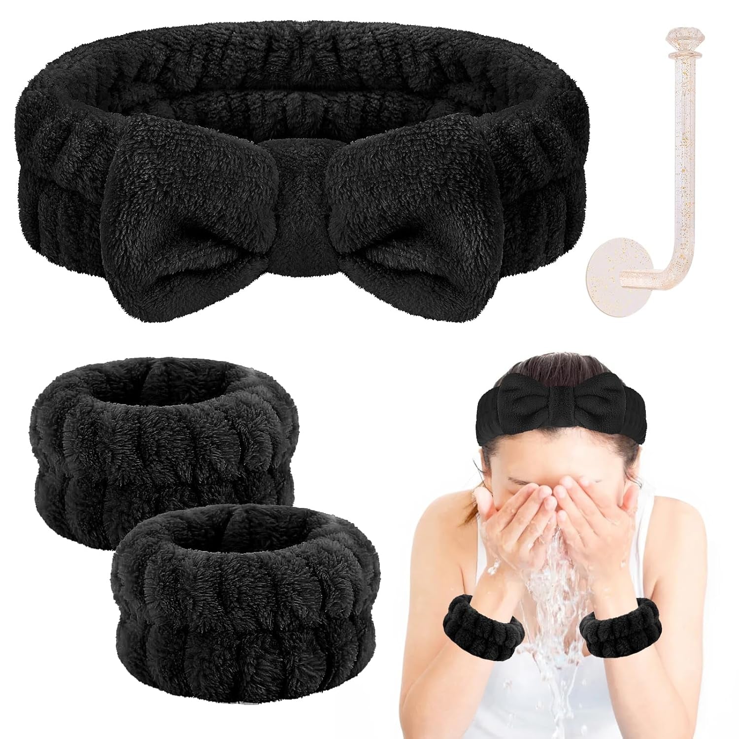 Face Wash Headband and Wristband Set - Microfiber Wrist Towels with Holder for Face Washing and Spa, Absorbent Scrunchies