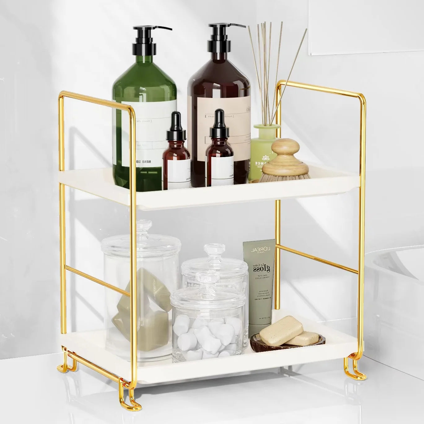 2-Tier Bathroom Countertop Organizer, Kitchen Spice Rack or Makeup Skin Organizer Vanity Bedroom Storage Tray (Gold)