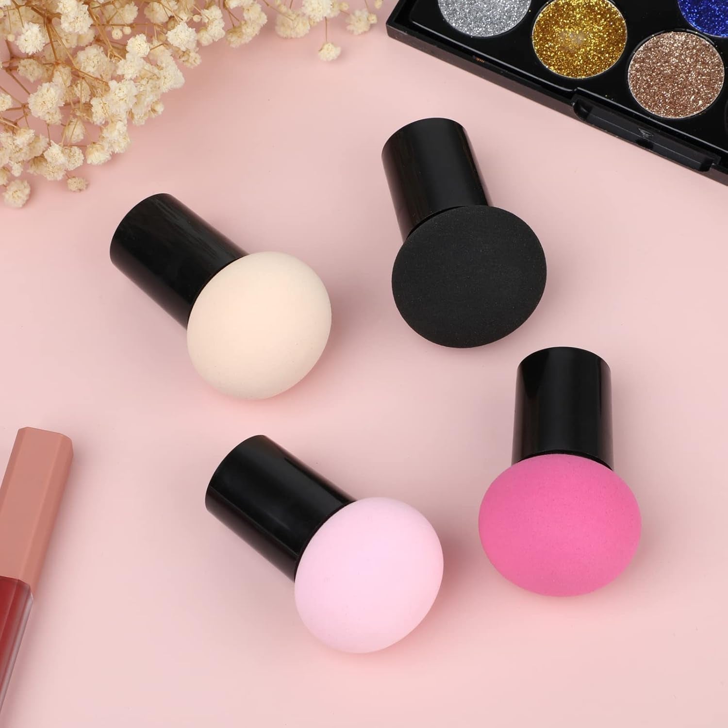 4-Piece Makeup Sponge and Brush Set for Foundation and Concealer Application with Mini Handle and Flat End Holder for Loose Powder Coverage