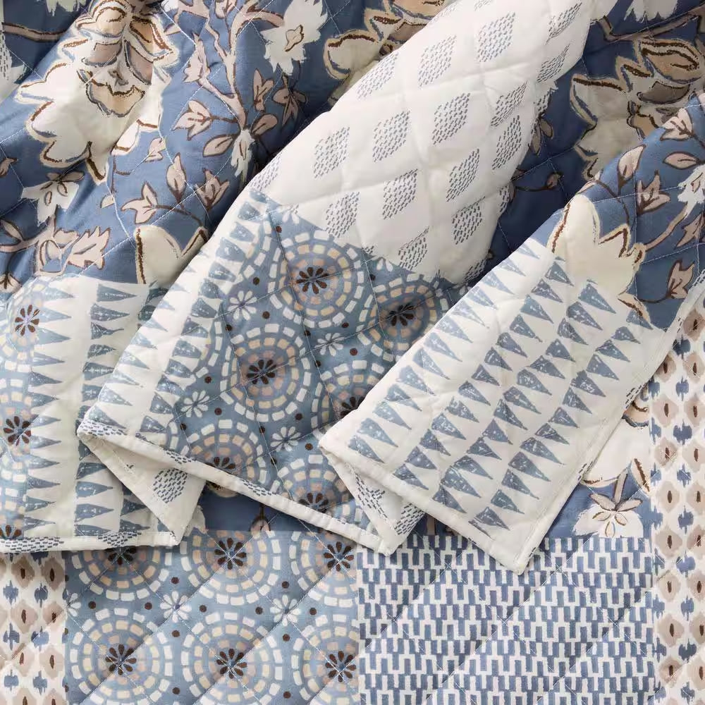 Ansley Washed Denim Patchwork King Cotton Quilt Set