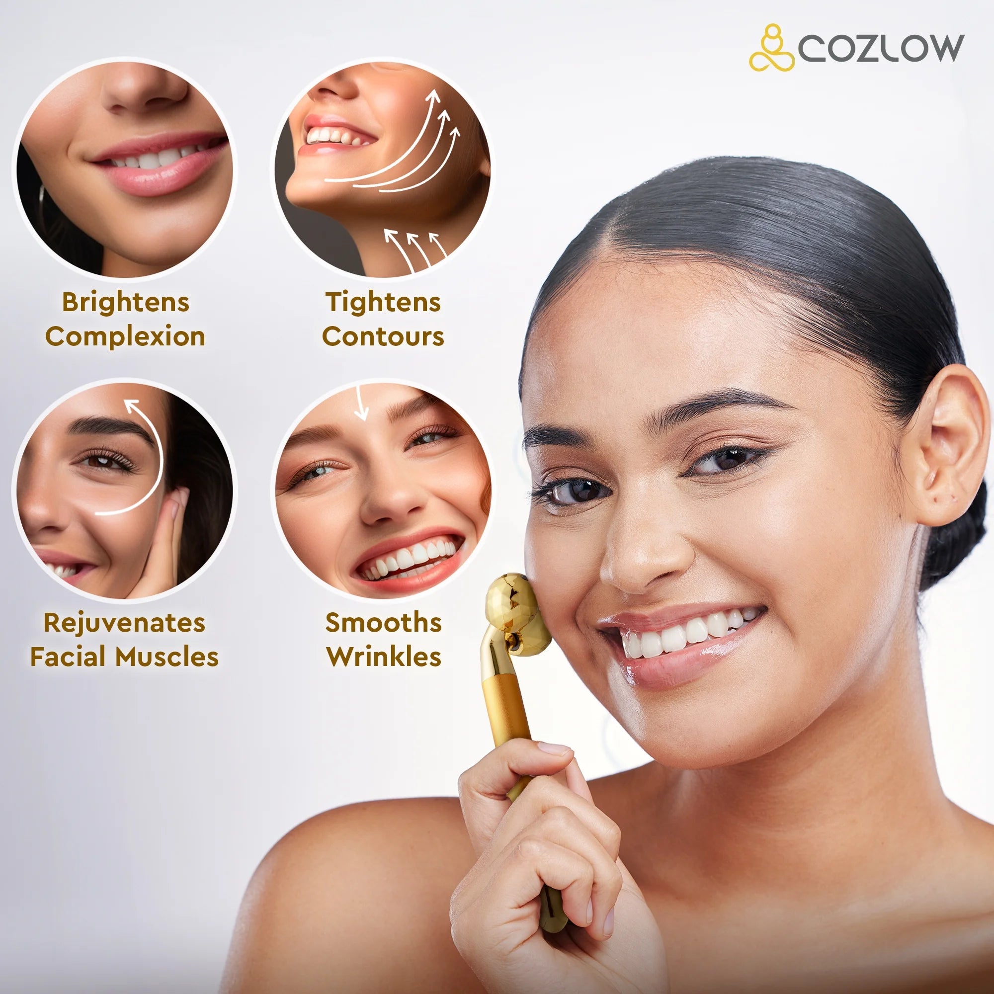 Electric Face Massager Kit for Women, 2-In-1 Vibrating Golden 3D Roller & T-Shape Massager for Facial Skin Care by