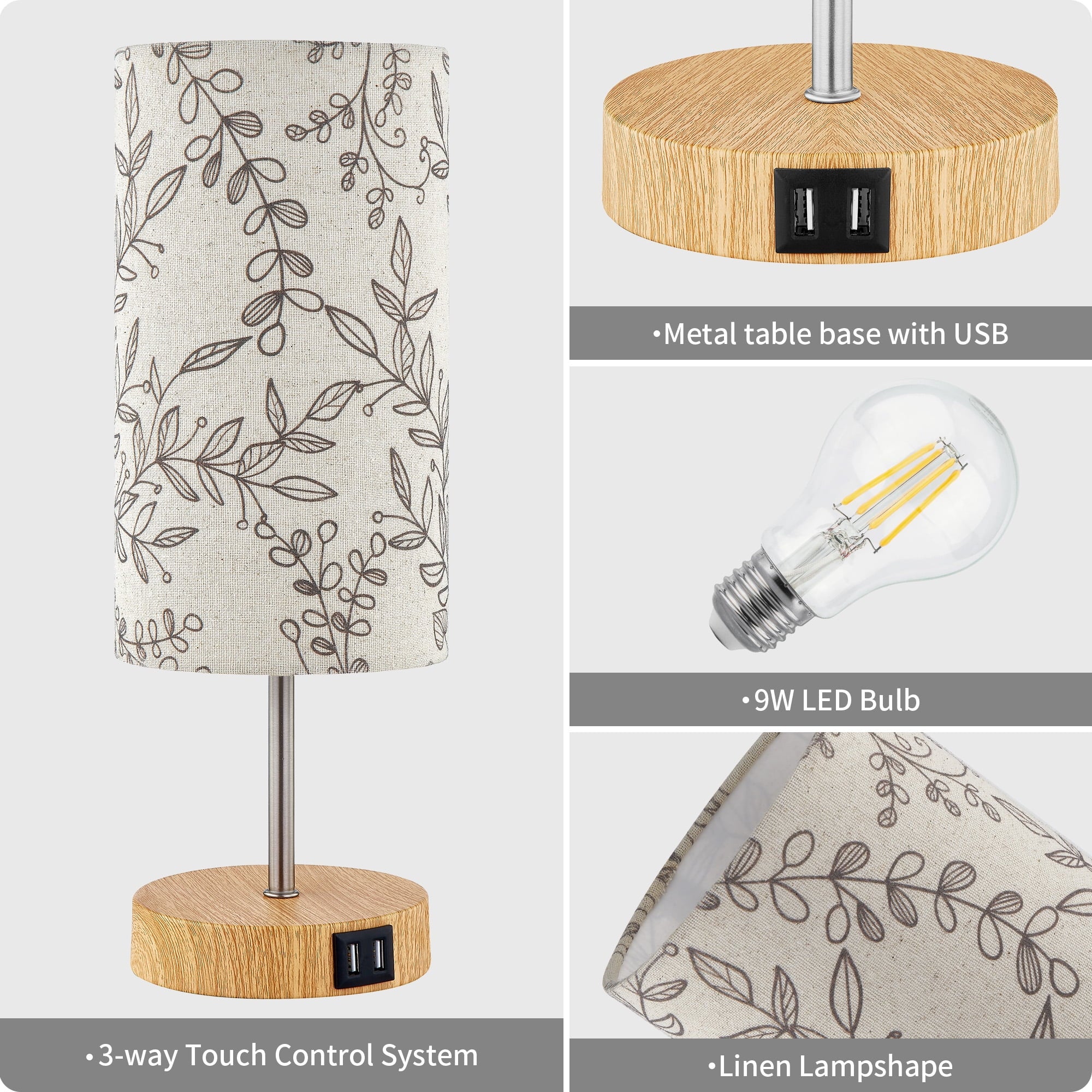 3 Way Dimmable Single Table Lamp with USB Ports Leaf Print Shade 15" Touch Control Small Bedside Nightstand Lamp for Bedroom Living Room (1 Bulb)