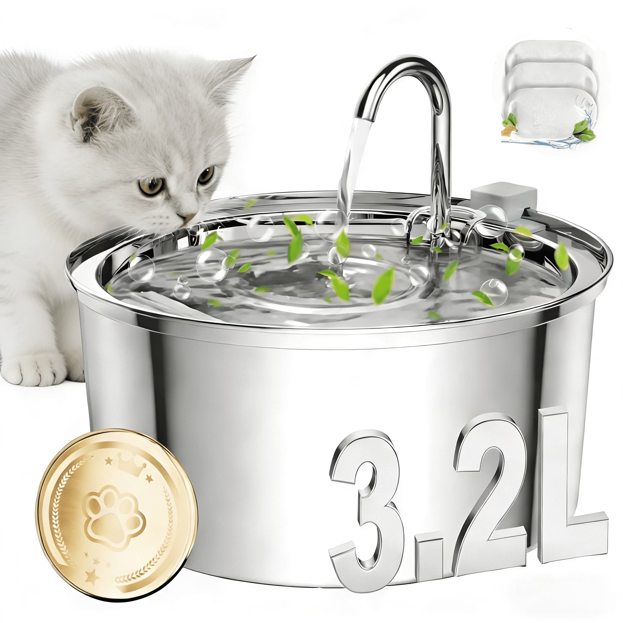 Cat Water Fountain, 108Oz/3.2L Premium Stainless Steel Cat Fountain with 3 Filters, Automatic Pet Fountain Dispenser for Cats Dogs, Electric Drinking Fountain with Ultra-Quiet Pump