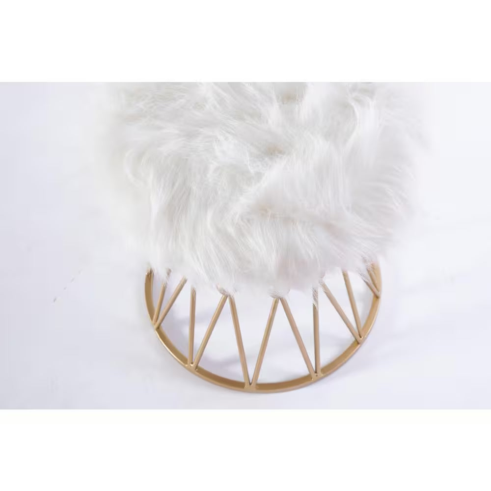 Round Gold Metal Accent Vanity Stool with White Fur Top Seat, Decorative Side Table