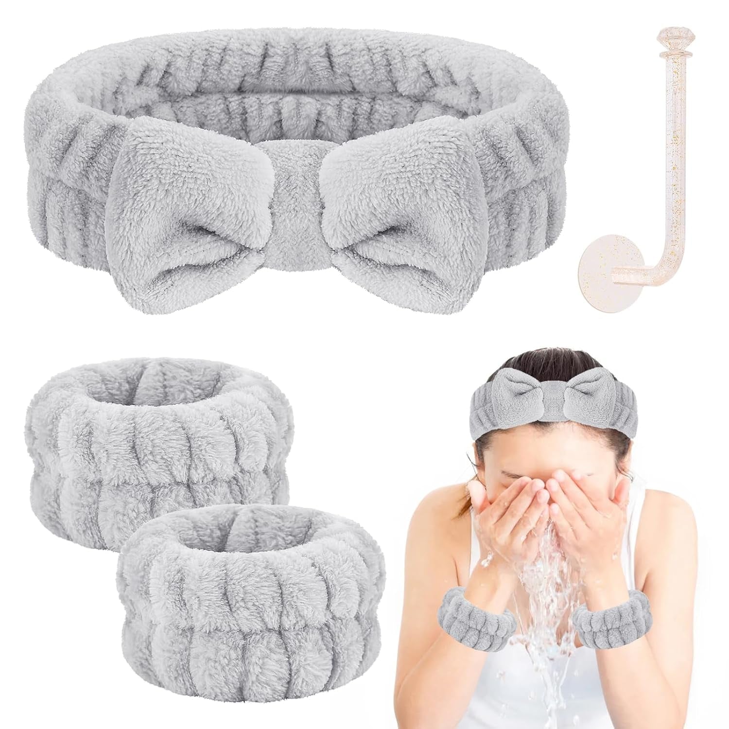 Face Wash Headband and Wristband Set - Microfiber Wrist Towels with Holder for Face Washing and Spa, Absorbent Scrunchies
