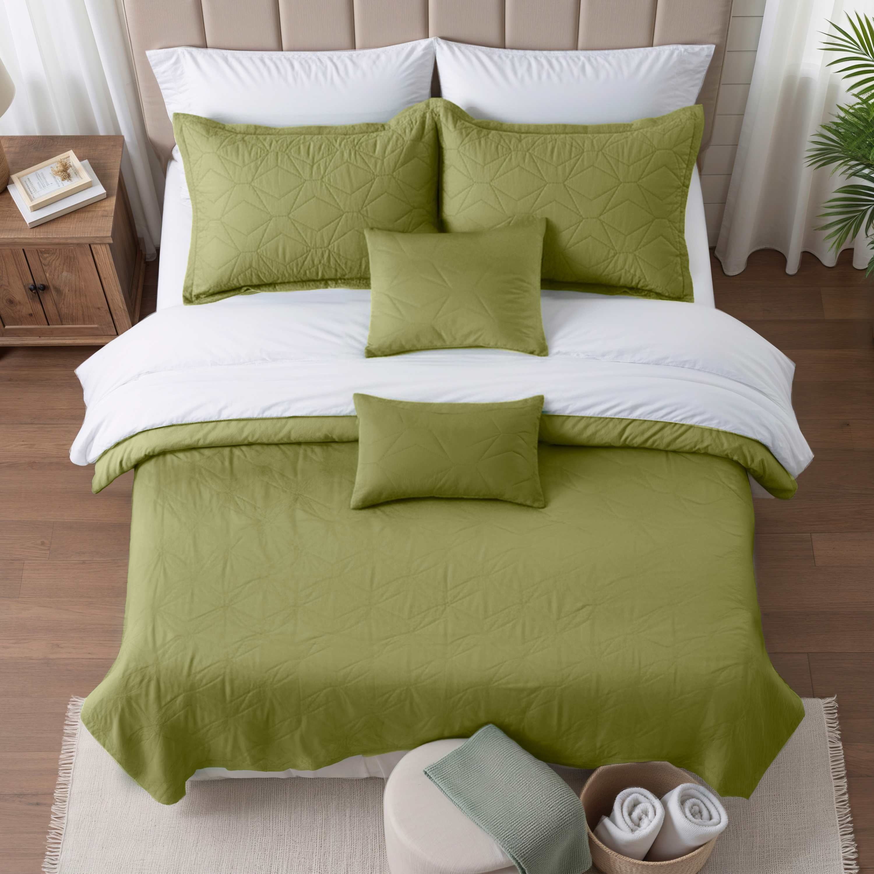 Quilt Sets, 5 Piece Lightweight Reversible Quilt Bedspread, Ellipse Weave Coverlet Bedding Set, King Olive Green