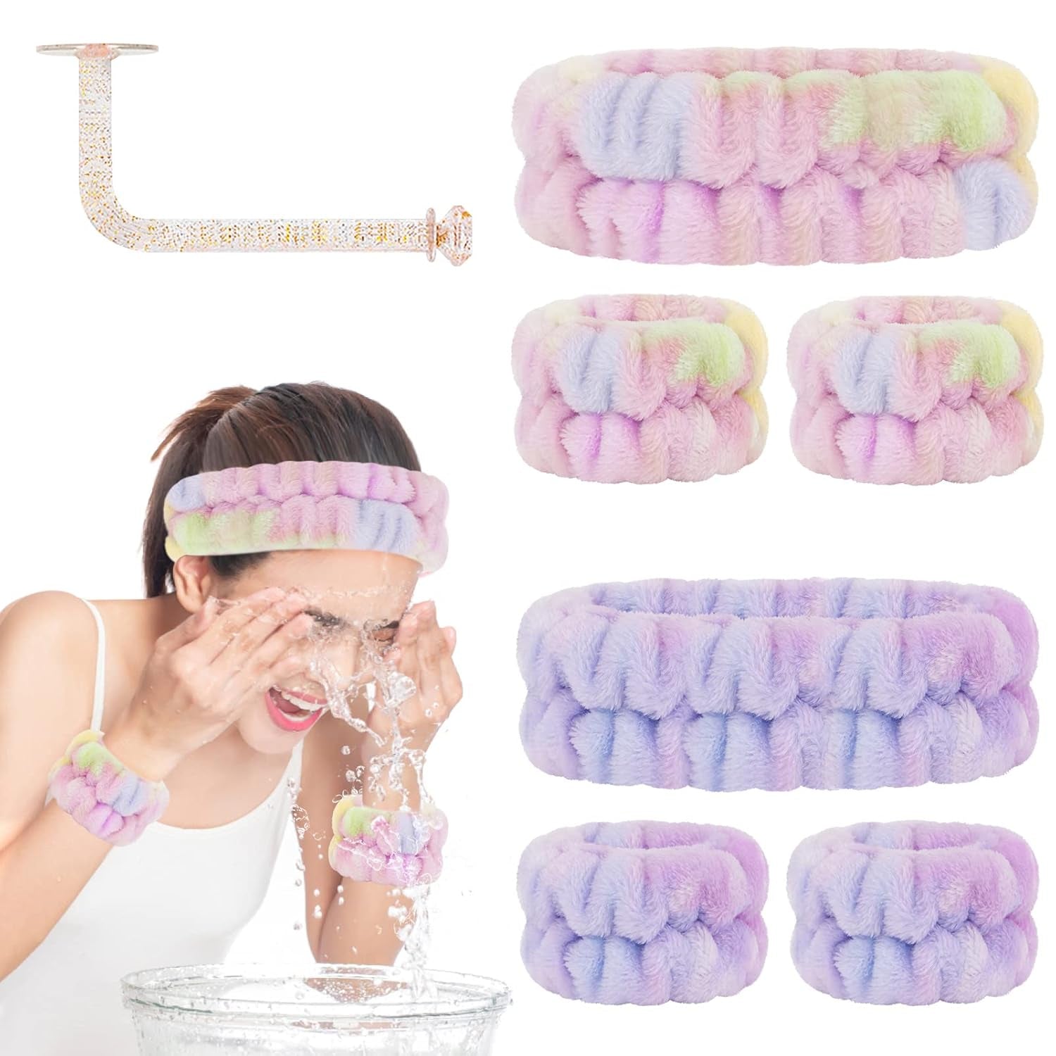 Face Wash Headband and Wristband Set - Microfiber Wrist Towels with Holder for Face Washing and Spa, Absorbent Scrunchies