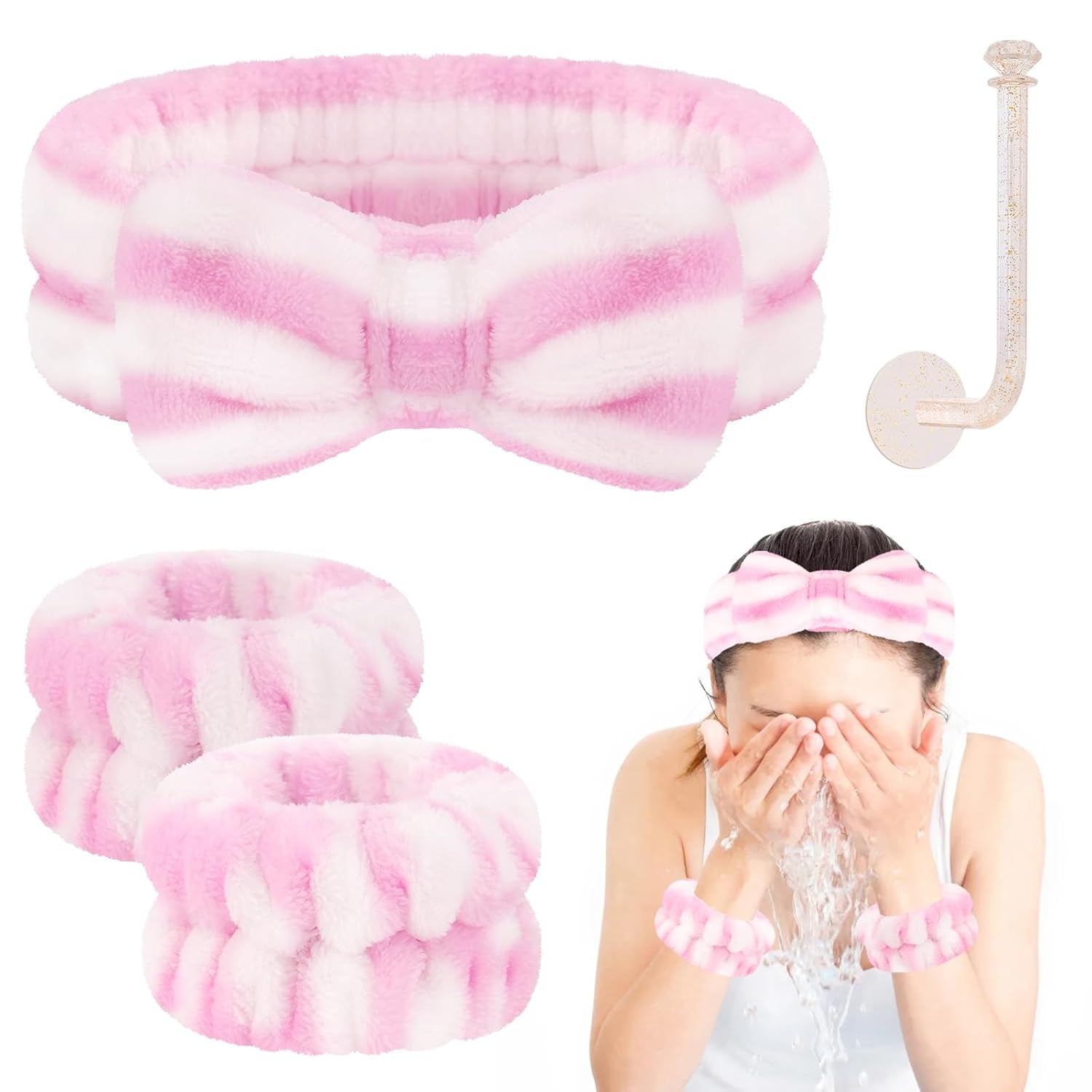 Face Wash Headband and Wristband Set - Microfiber Wrist Towels with Holder for Face Washing and Spa, Absorbent Scrunchies