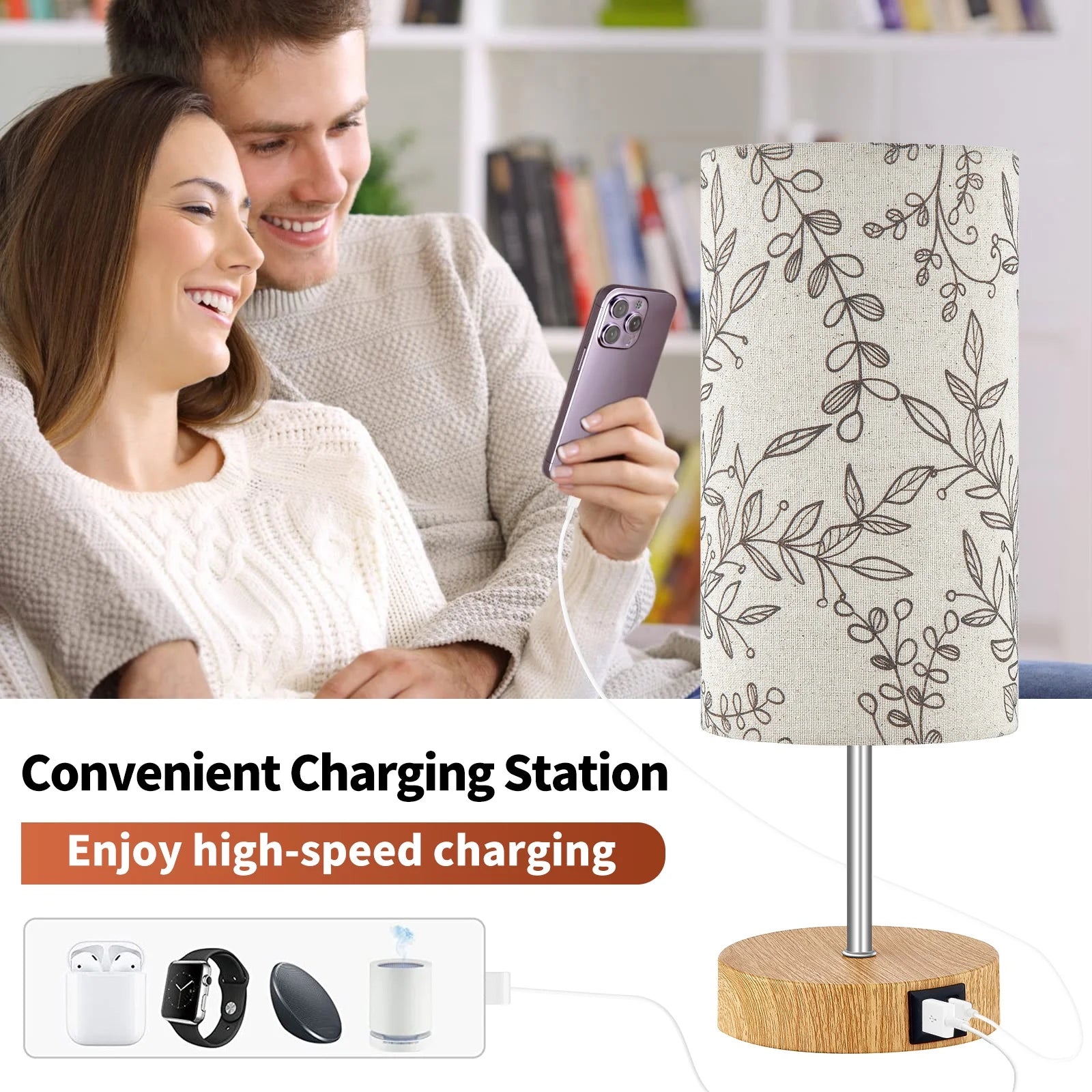 3 Way Dimmable Single Table Lamp with USB Ports Leaf Print Shade 15" Touch Control Small Bedside Nightstand Lamp for Bedroom Living Room (1 Bulb)