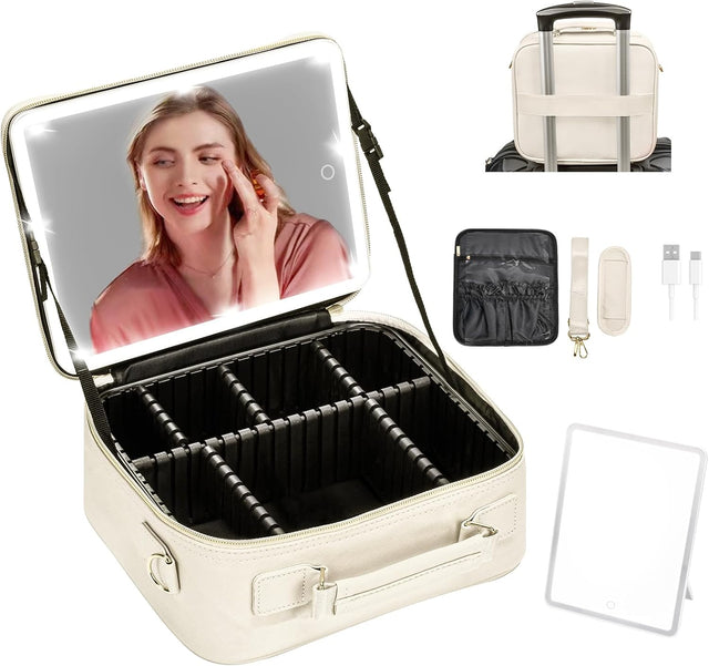 Travel Makeup Bag with Led Mirror and Portable Makeup Train Case Led Bags with Mirror Organizer Bag Travel Gifts for Her Women Bestie White