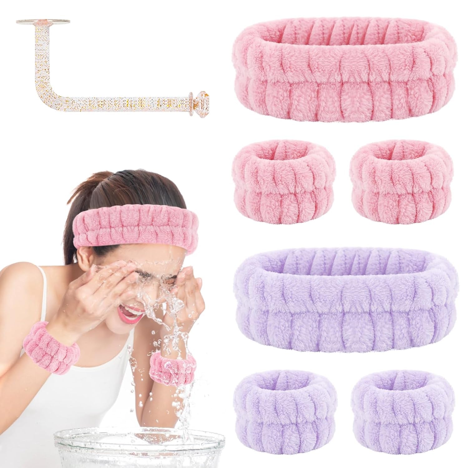 Face Wash Headband and Wristband Set - Microfiber Wrist Towels with Holder for Face Washing and Spa, Absorbent Scrunchies