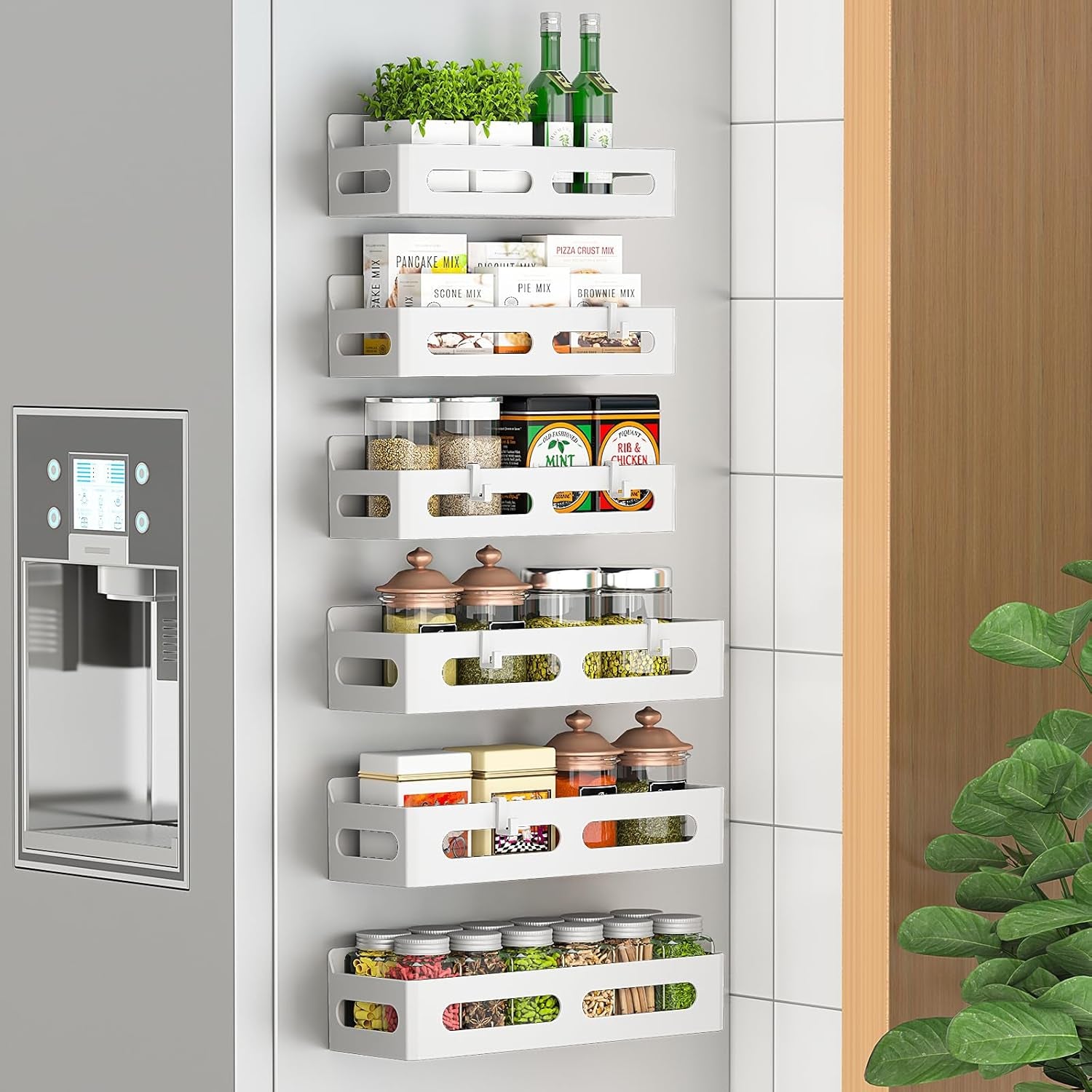 4 Pack Strong Magnetic Spice Rack for Refrigerator, Multipurpose Magnetic Shelf for Fridge with 4 Hooks for Kitchen and Bathroom Organization, Black