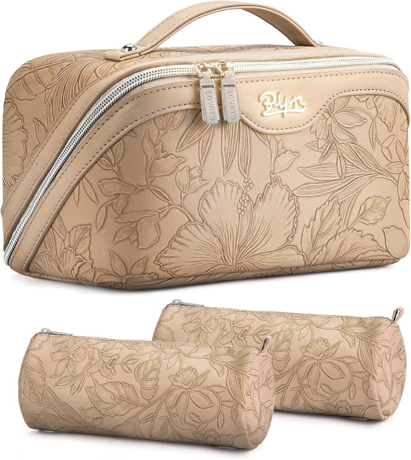 Travel Makeup Bags Cosmetic Organizer Bag: 3-Set Large Capacity Make up Bag - PU Leather Toiletry Bags for Women - Wide Open Portable Pouch with Divider & Handle (01-Light Blue)