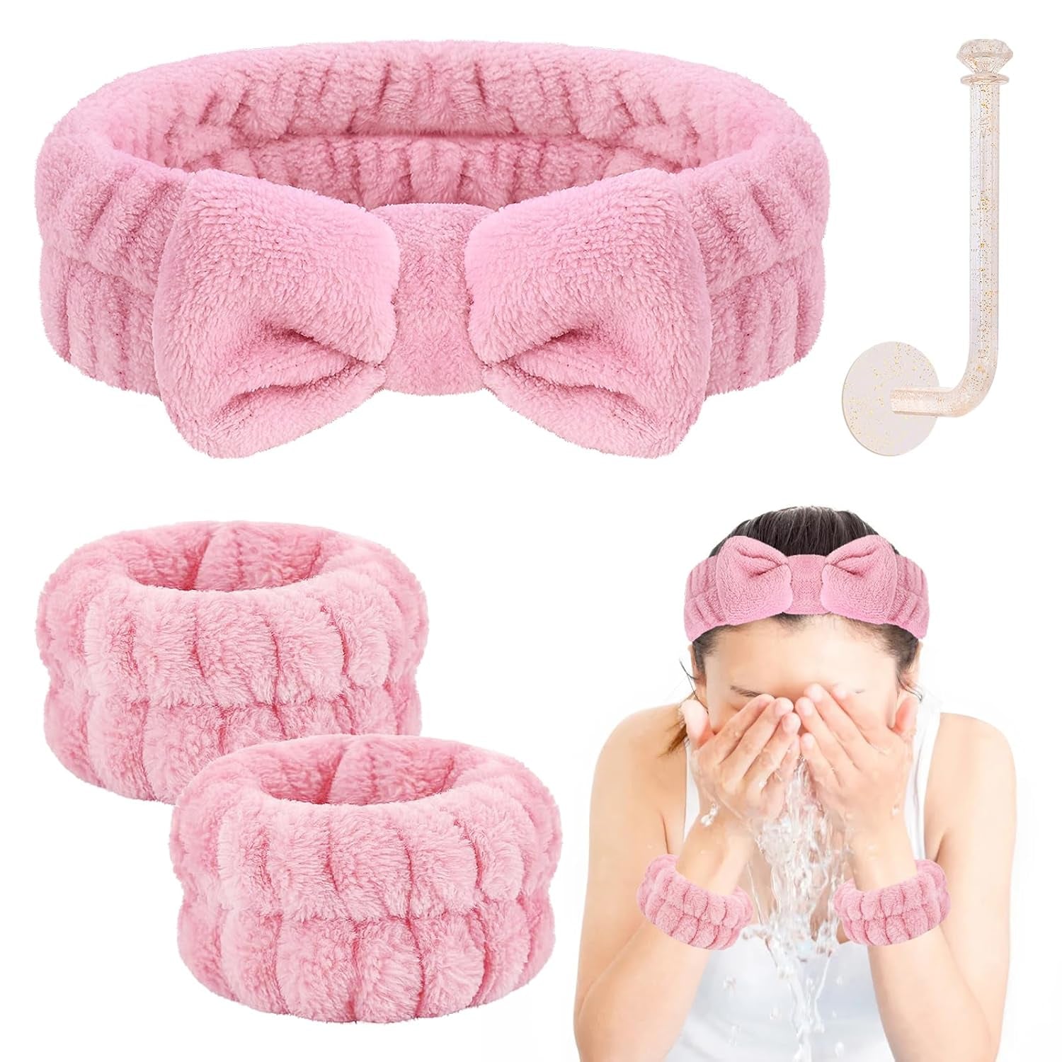 Face Wash Headband and Wristband Set - Microfiber Wrist Towels with Holder for Face Washing and Spa, Absorbent Scrunchies