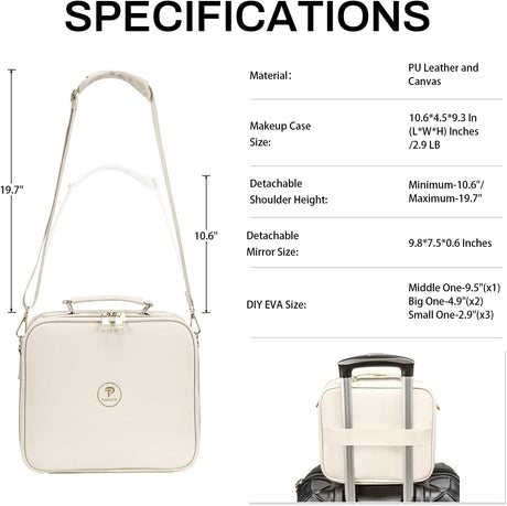 Travel Makeup Bag with Led Mirror and Portable Makeup Train Case Led Bags with Mirror Organizer Bag Travel Gifts for Her Women Bestie White