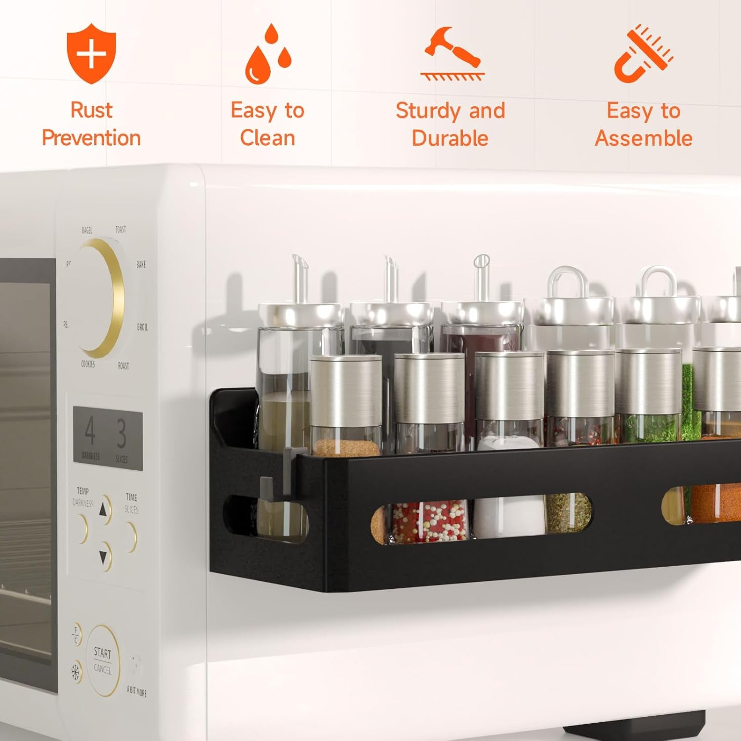 4 Pack Strong Magnetic Spice Rack for Refrigerator, Multipurpose Magnetic Shelf for Fridge with 4 Hooks for Kitchen and Bathroom Organization, Black