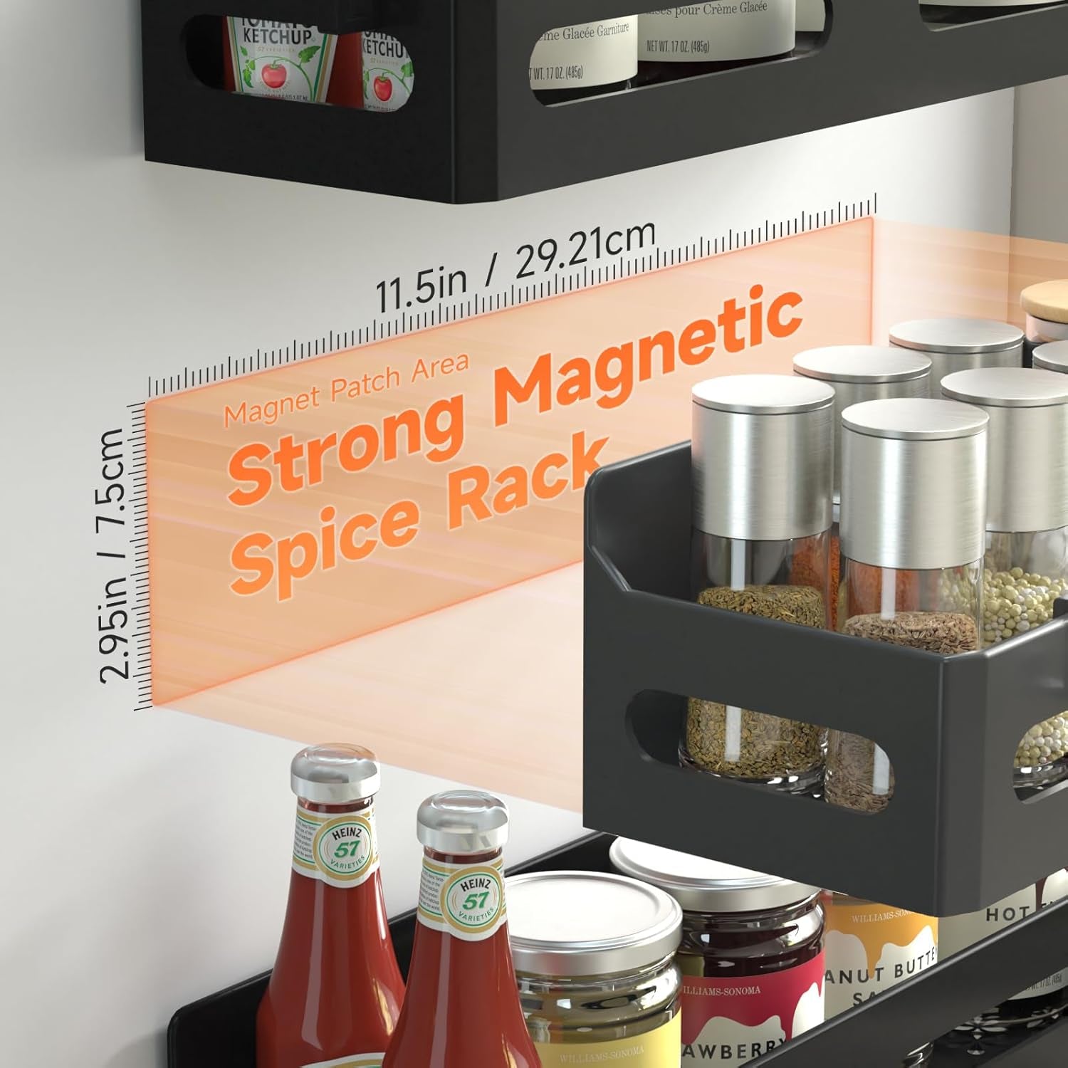4 Pack Strong Magnetic Spice Rack for Refrigerator, Multipurpose Magnetic Shelf for Fridge with 4 Hooks for Kitchen and Bathroom Organization, Black