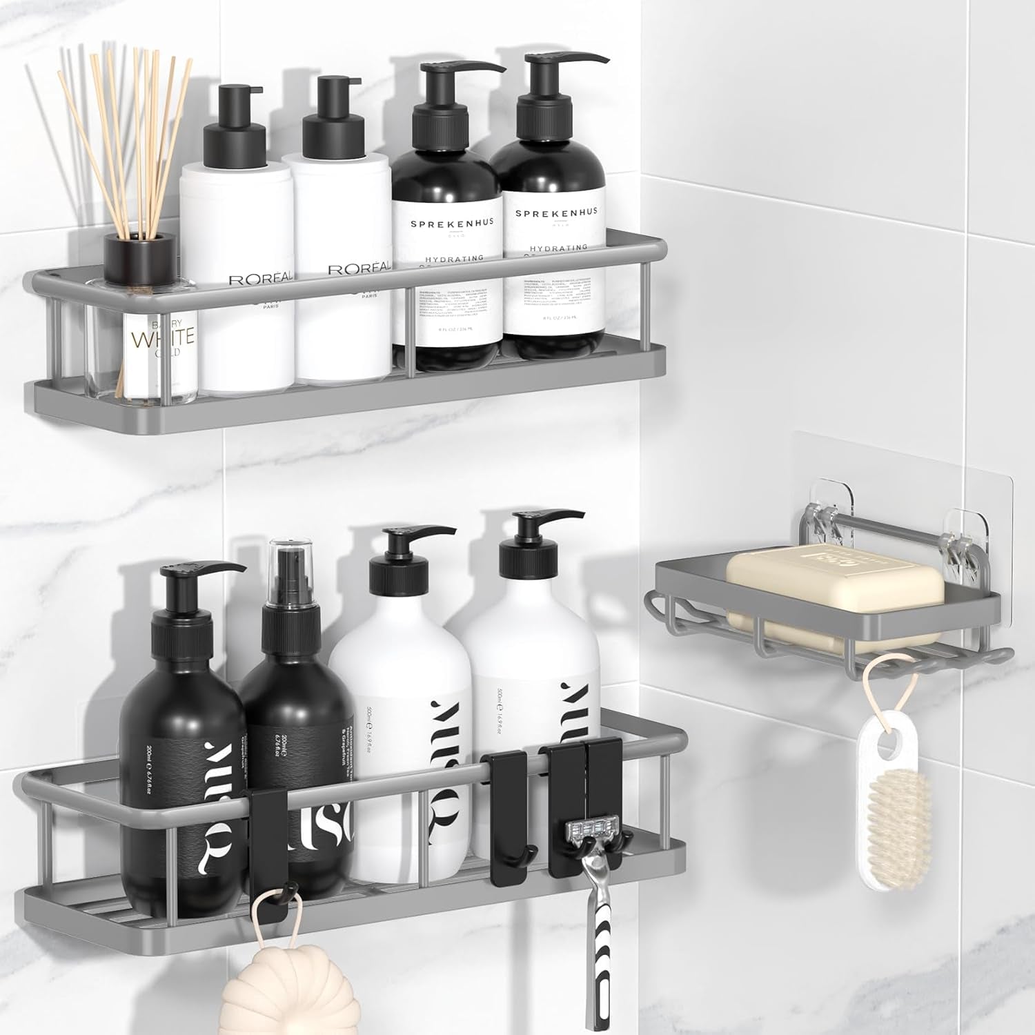 Shower Caddy Adhesive, Rustproof Shower Shelves for inside Shower, Large Capacity Bathroom Organizers and Storage, Shower Storage with Removable Hooks, No Drill Bathroom Accessories Black