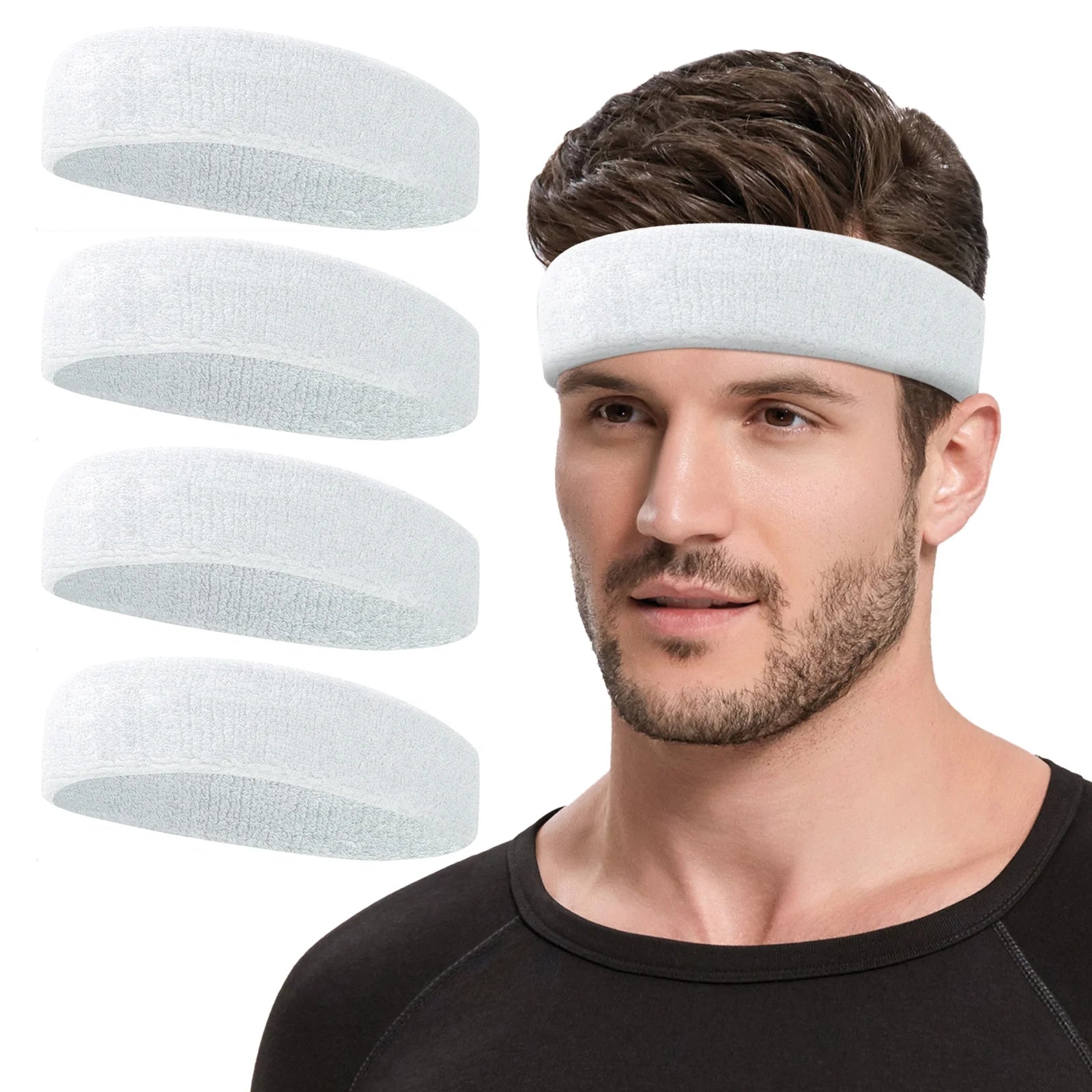 Sports Headbands for Men (White 4 Pack), Moisture Wicking Workout Headband, Sweatband Headbands for Running,Cycling,Football,Yoga,Hairband for Women and Men