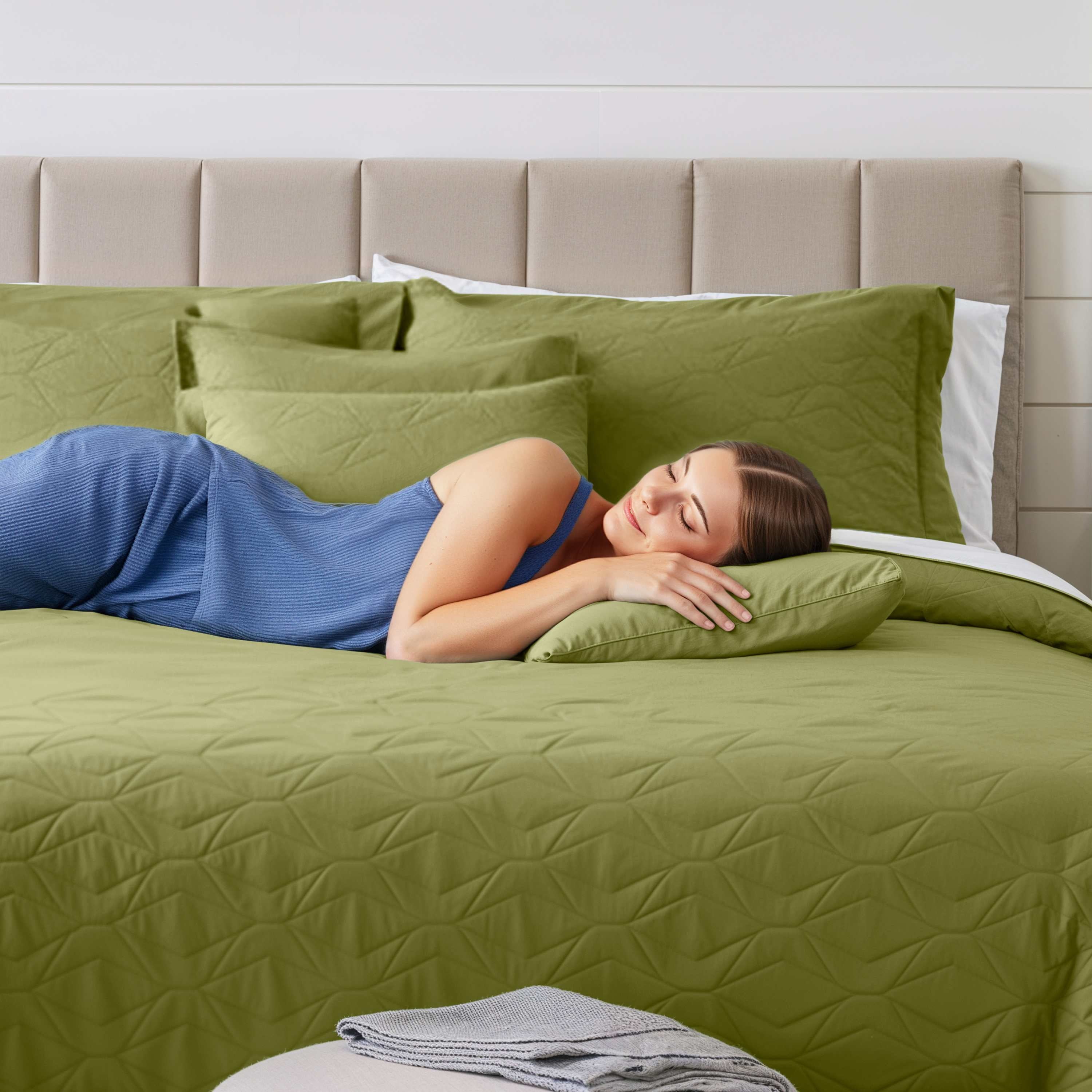 Quilt Sets, 5 Piece Lightweight Reversible Quilt Bedspread, Ellipse Weave Coverlet Bedding Set, King Olive Green