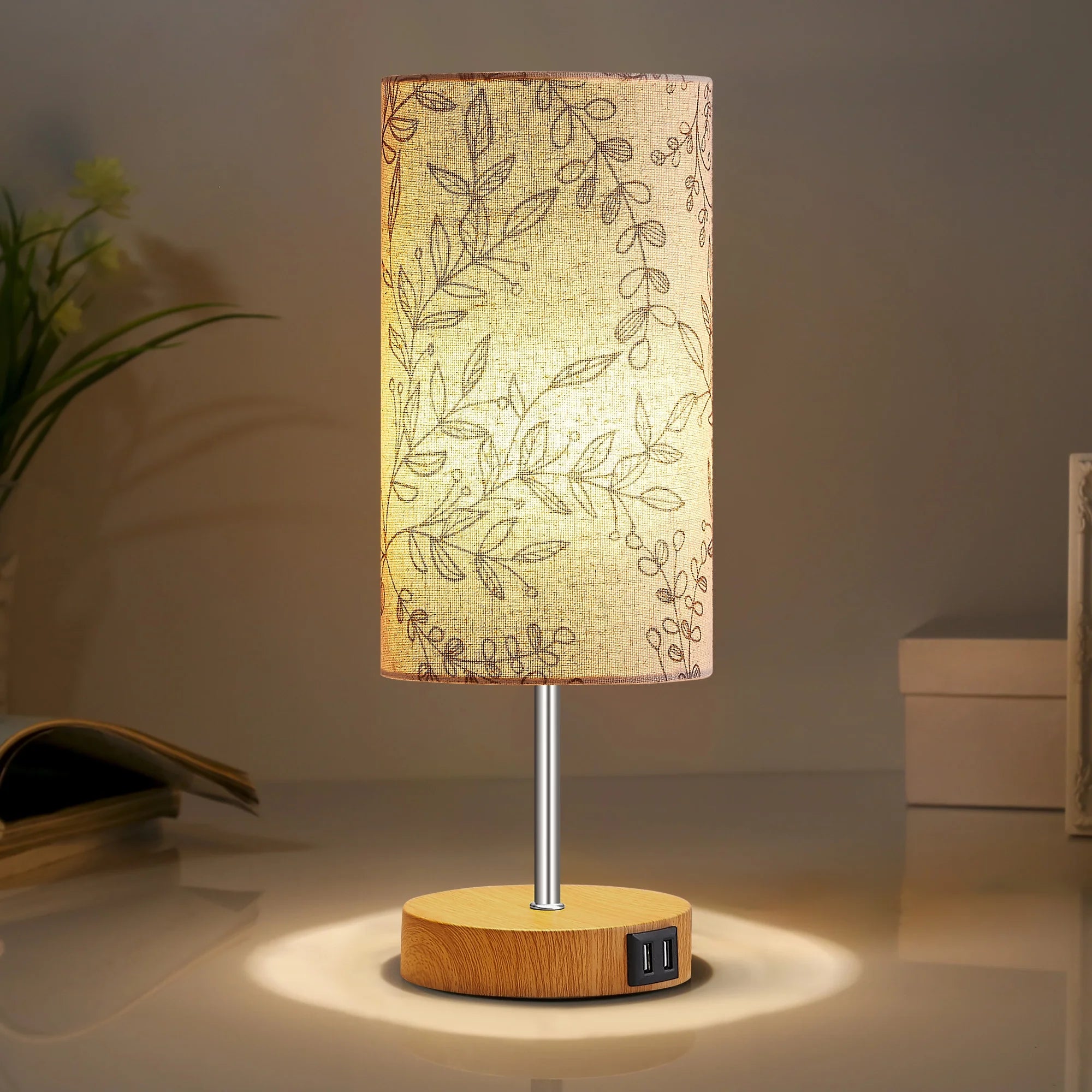 3 Way Dimmable Single Table Lamp with USB Ports Leaf Print Shade 15" Touch Control Small Bedside Nightstand Lamp for Bedroom Living Room (1 Bulb)