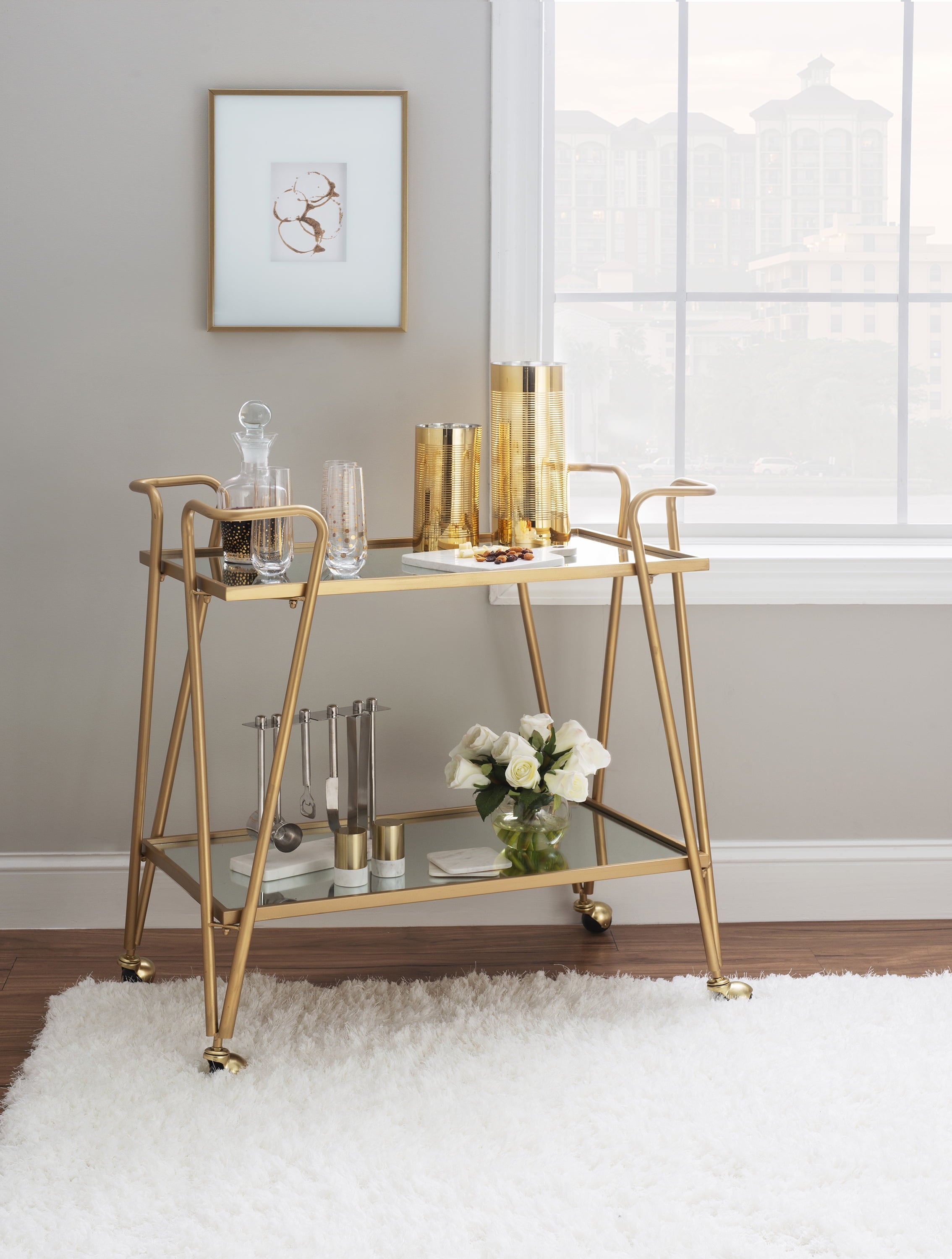 Mia Metal and Mirrored Mid-Century 2 Level Rolling Bar Cart in Gold