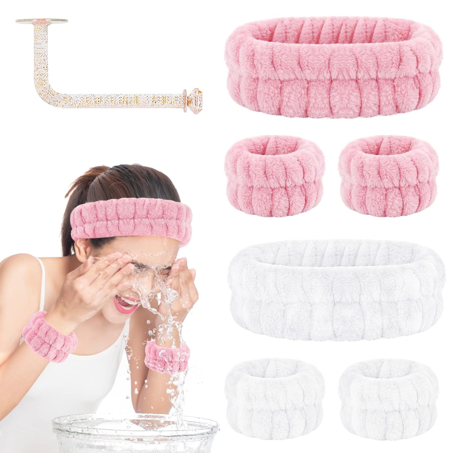 Face Wash Headband and Wristband Set - Microfiber Wrist Towels with Holder for Face Washing and Spa, Absorbent Scrunchies