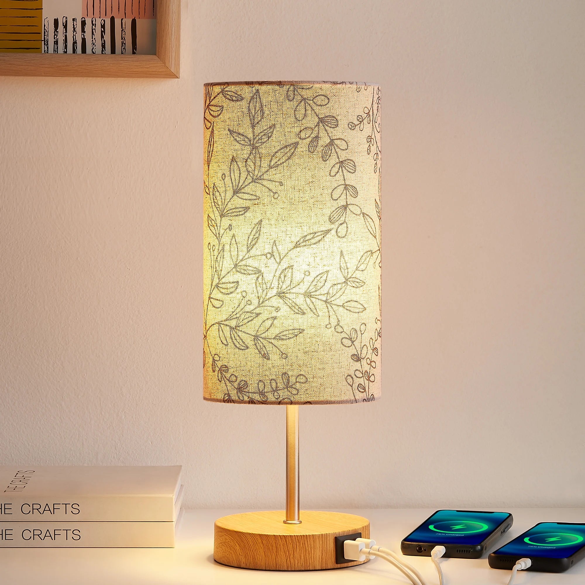 3 Way Dimmable Single Table Lamp with USB Ports Leaf Print Shade 15" Touch Control Small Bedside Nightstand Lamp for Bedroom Living Room (1 Bulb)