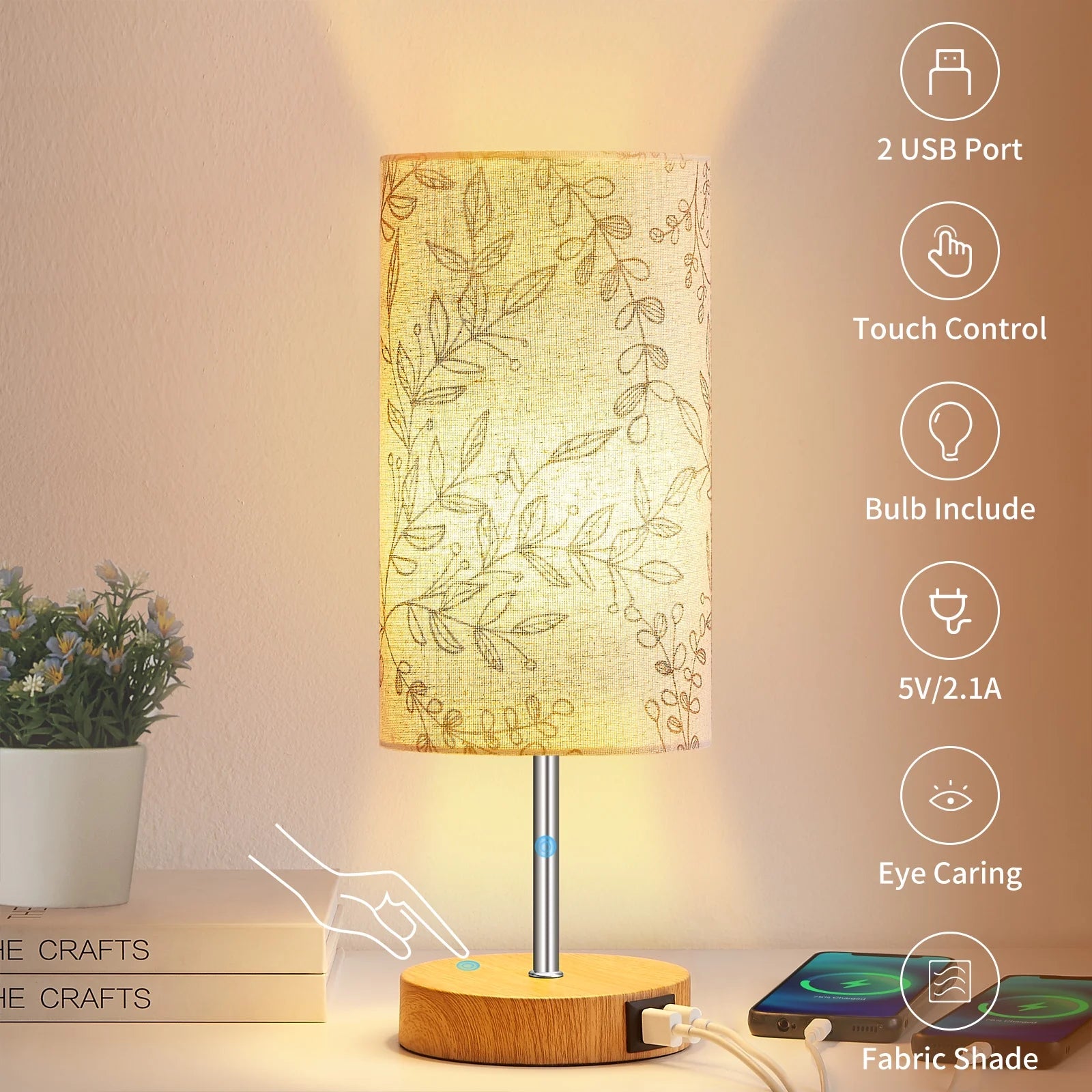 3 Way Dimmable Single Table Lamp with USB Ports Leaf Print Shade 15" Touch Control Small Bedside Nightstand Lamp for Bedroom Living Room (1 Bulb)