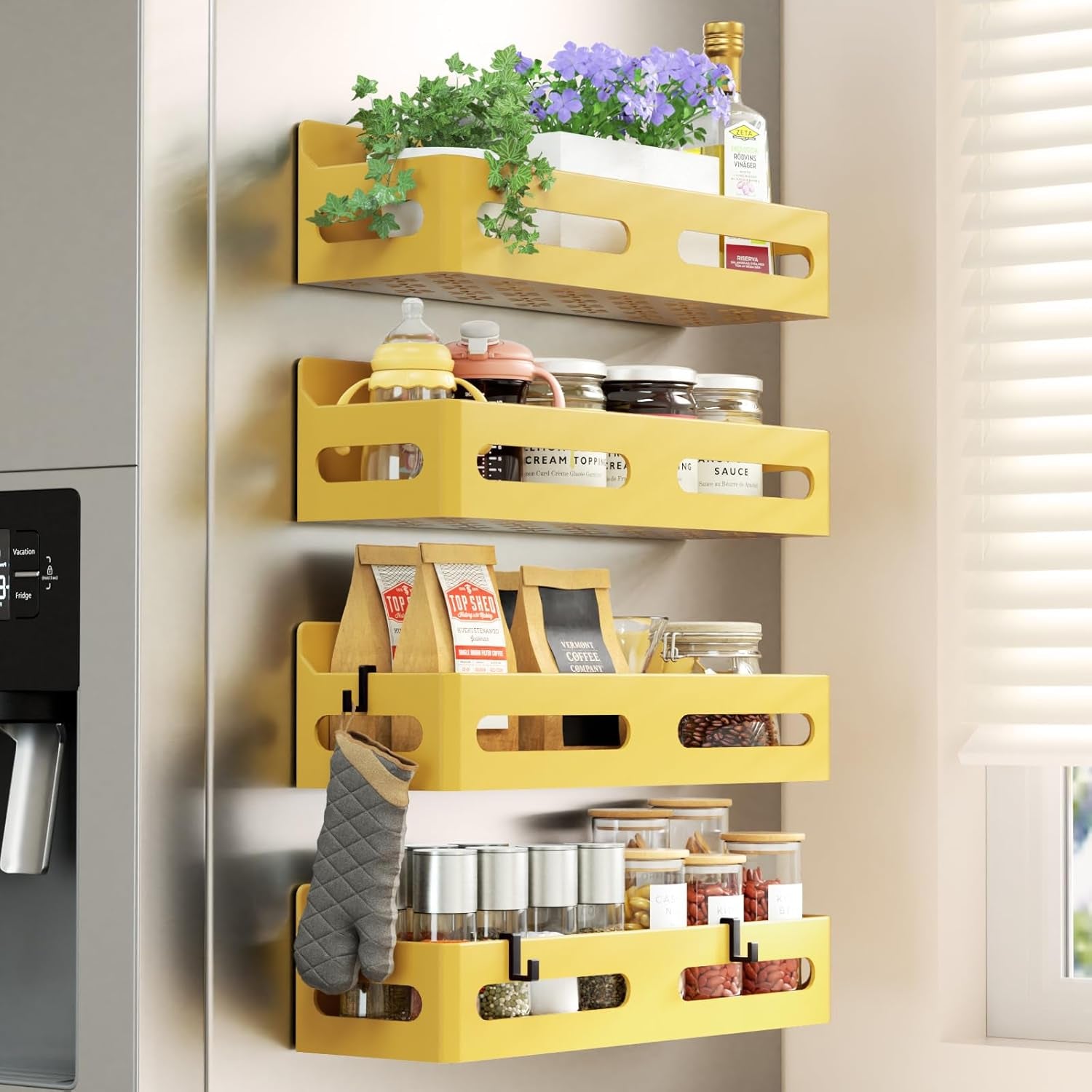 4 Pack Strong Magnetic Spice Rack for Refrigerator, Multipurpose Magnetic Shelf for Fridge with 4 Hooks for Kitchen and Bathroom Organization, Black