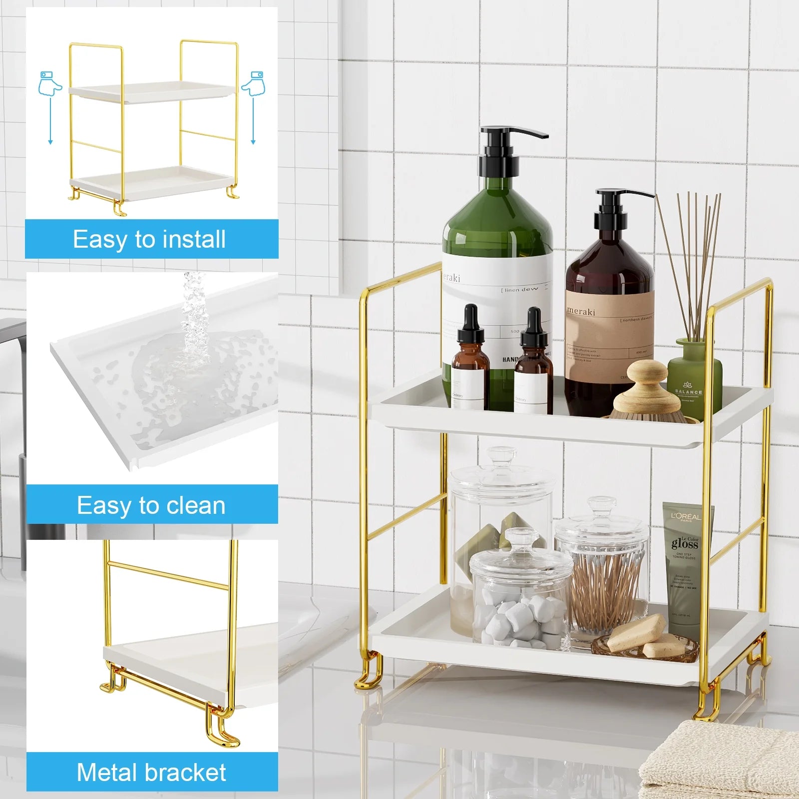 2-Tier Bathroom Countertop Organizer, Kitchen Spice Rack or Makeup Skin Organizer Vanity Bedroom Storage Tray (Gold)
