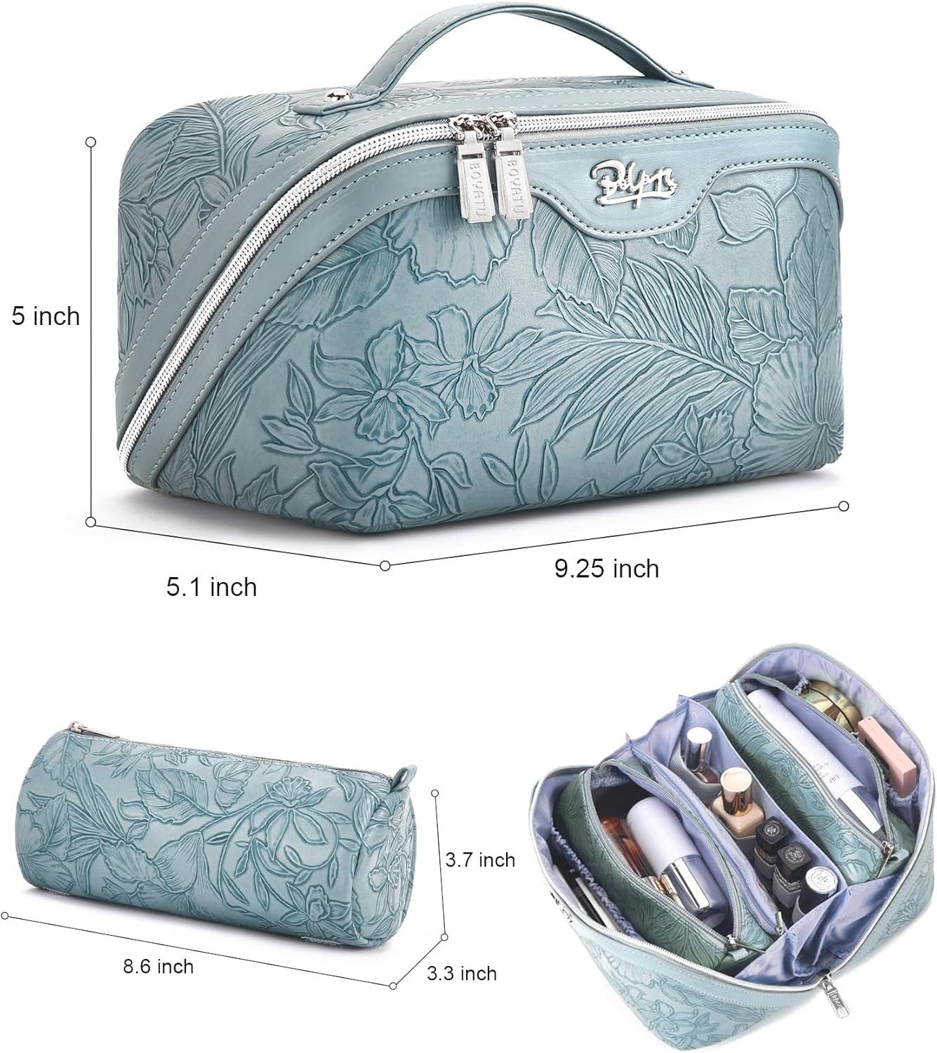 Travel Makeup Bags Cosmetic Organizer Bag: 3-Set Large Capacity Make up Bag - PU Leather Toiletry Bags for Women - Wide Open Portable Pouch with Divider & Handle (01-Light Blue)
